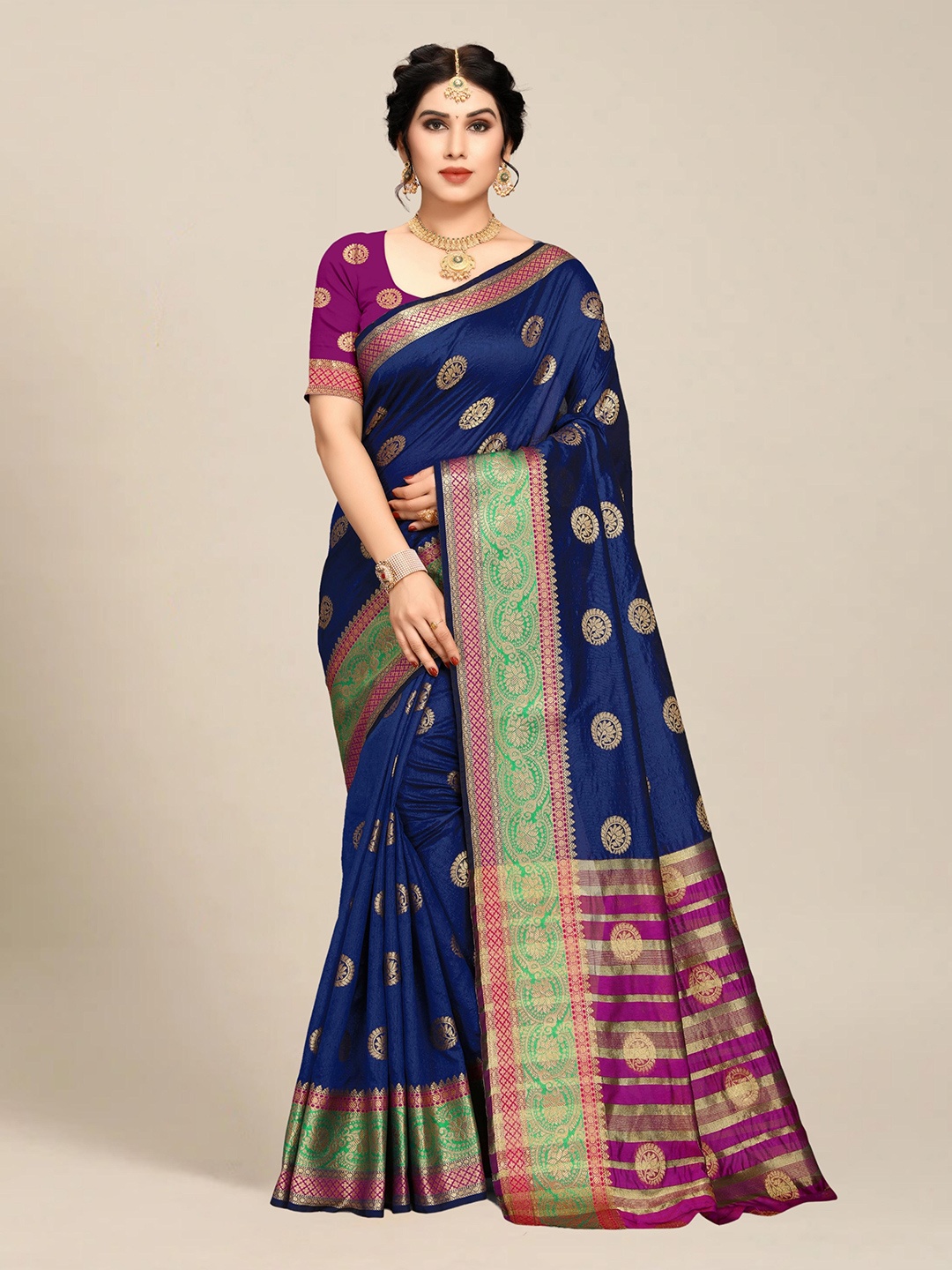 

MS RETAIL Navy Blue & Green Woven Design Art Silk Saree