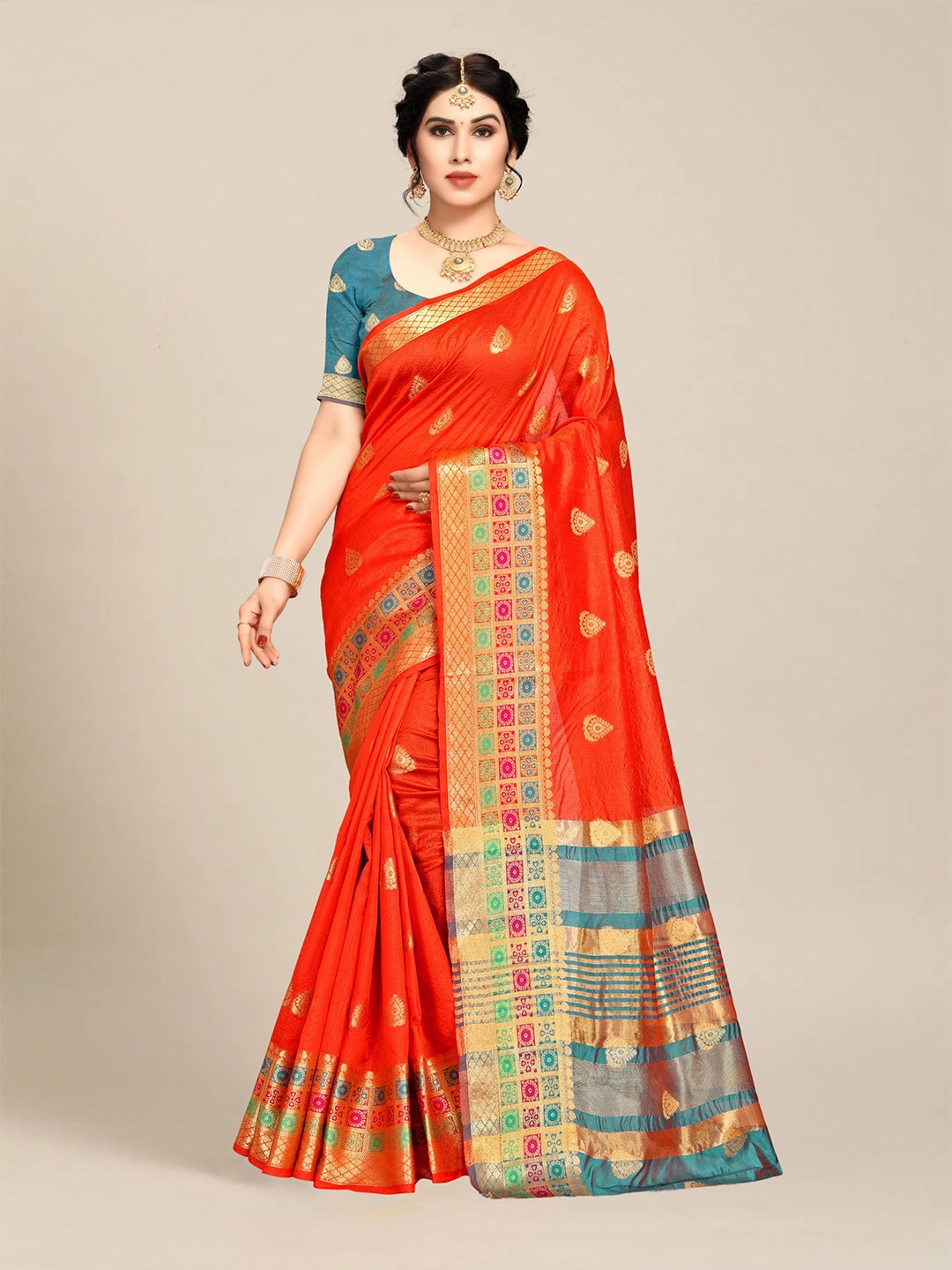 

MS RETAIL Orange & Gold-Toned Woven Design Art Silk Saree