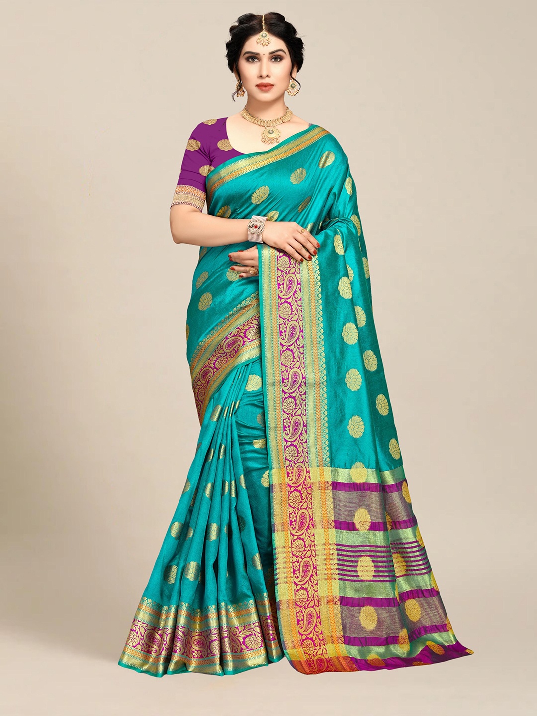 

MS RETAIL Turquoise Blue & Purple Woven Design Art Silk Saree
