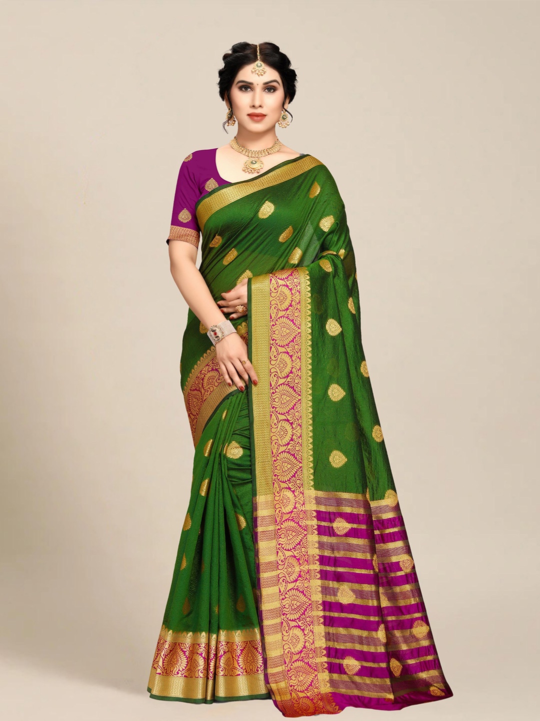 

MS RETAIL Olive Green & Purple Ethnic Motifs Art Silk Saree