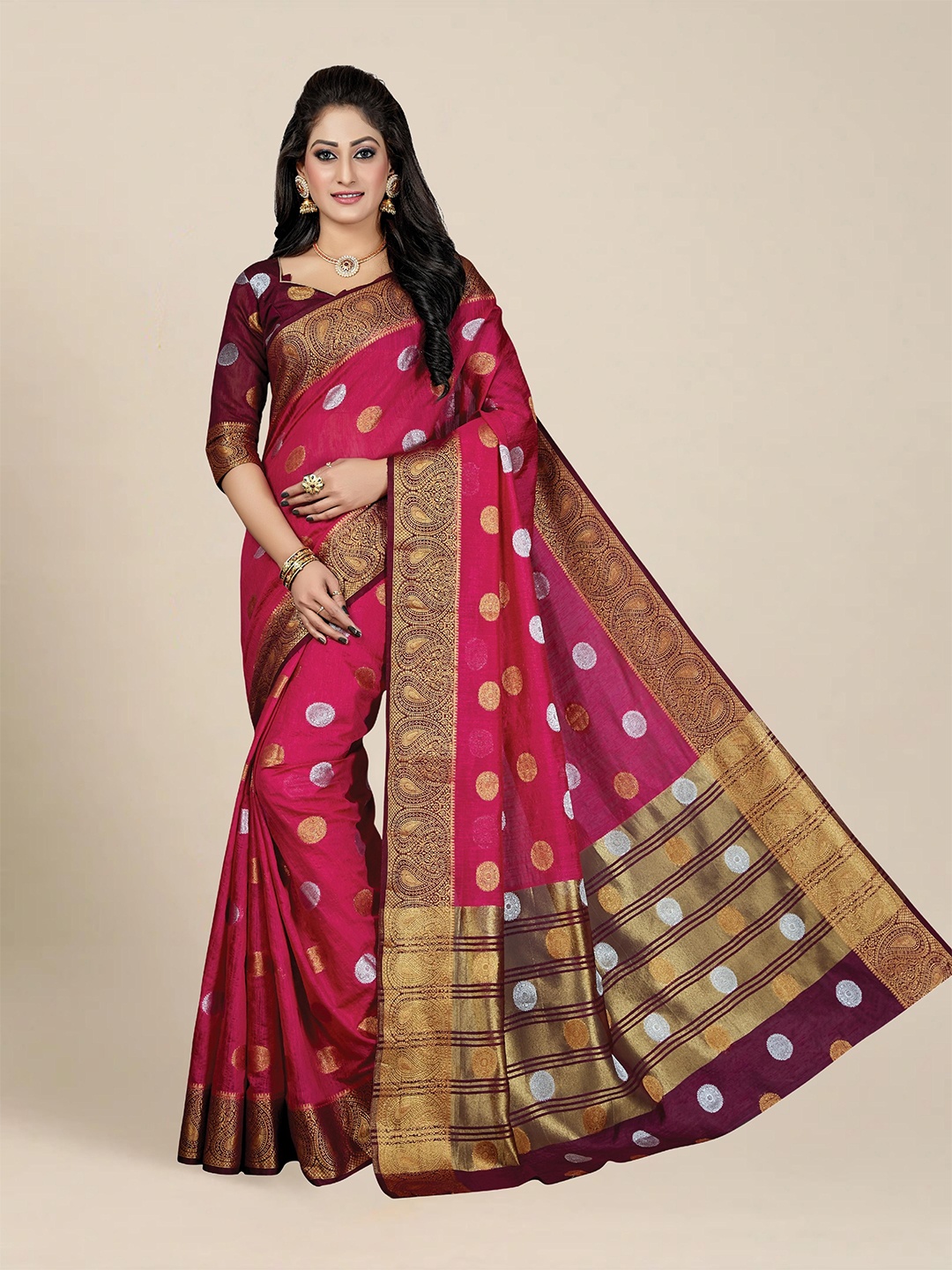 

MS RETAIL Pink & Silver-Toned Woven Design Silk Blend Saree