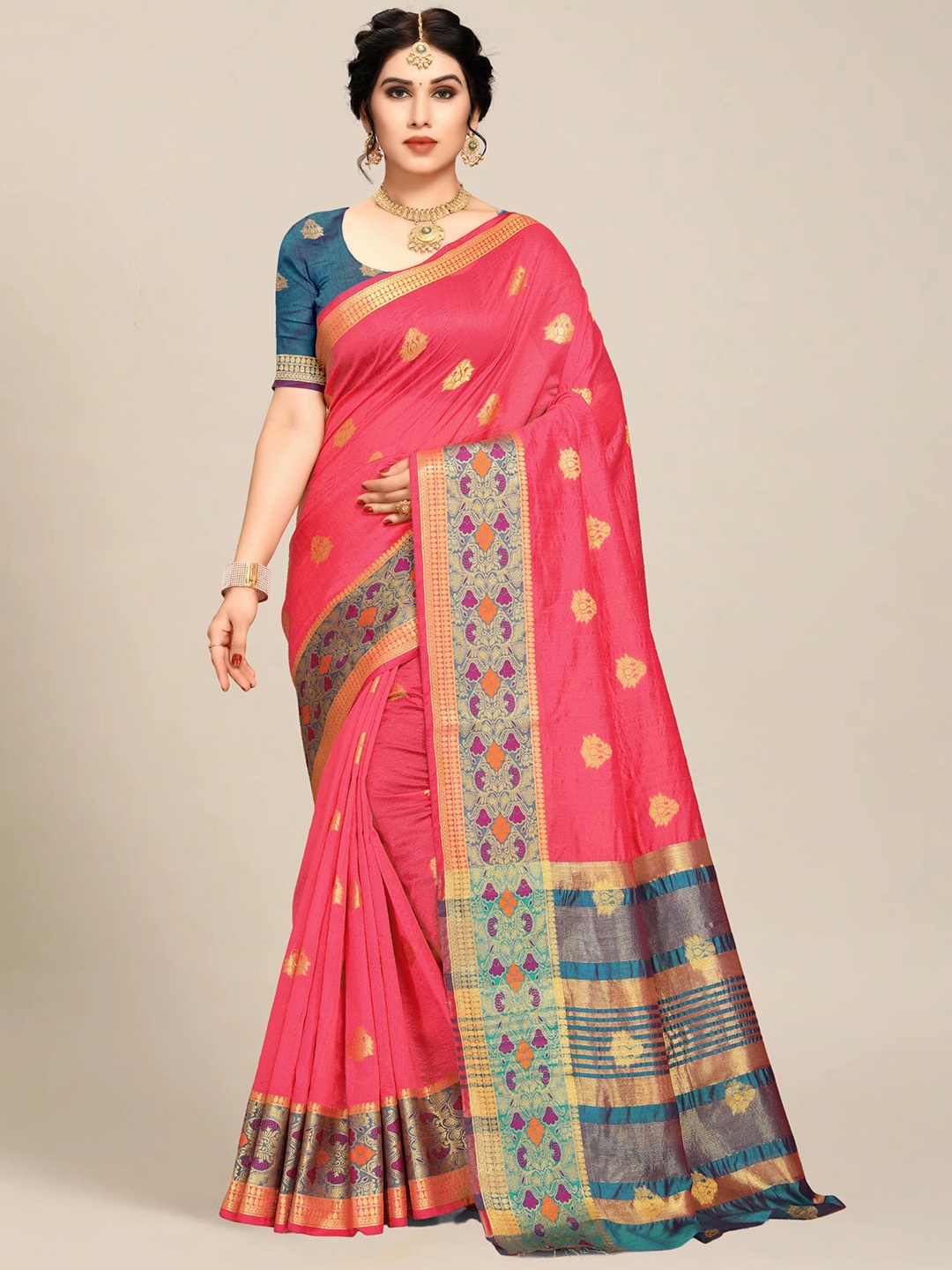 

MS RETAIL Pink & Blue Ethnic Motifs Art Silk Saree