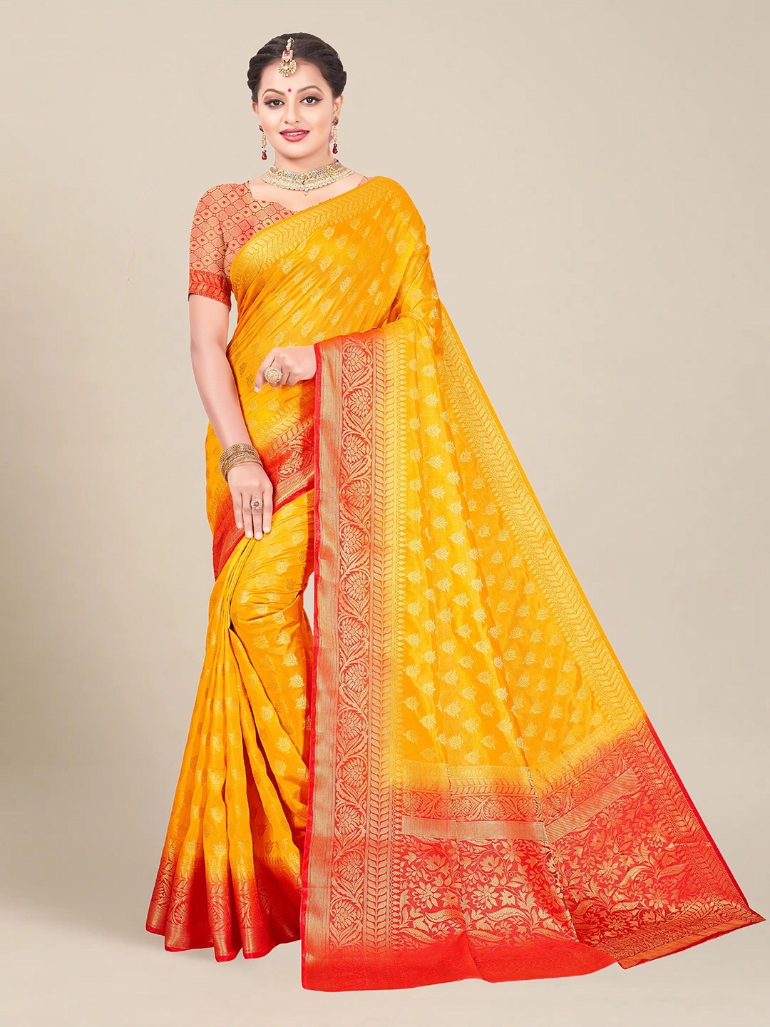 

MS RETAIL Yellow & Red Woven Design Art Silk Banarasi Saree