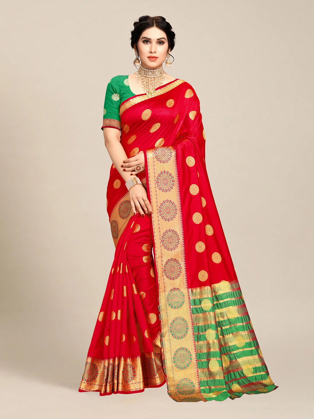 

MS RETAIL Red & Green Ethnic Motifs Art Silk Banarasi Saree