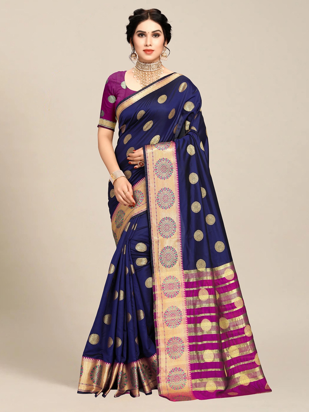 

MS RETAIL Navy Blue & Purple Woven Design Art Silk Banarasi Saree