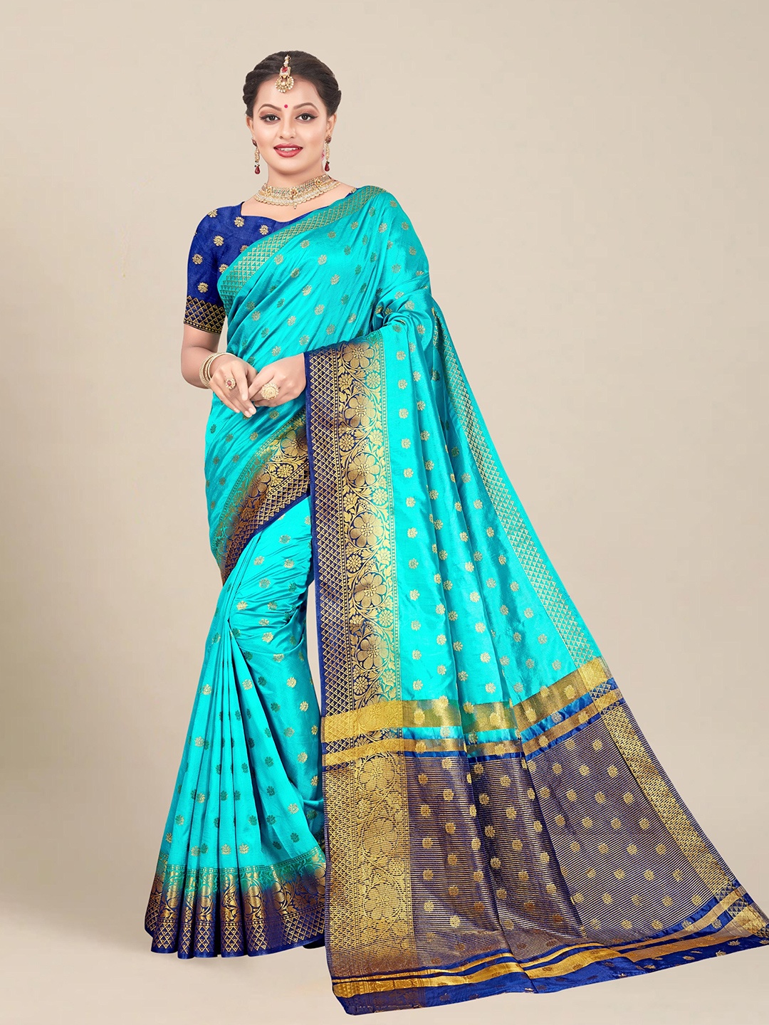 

MS RETAIL Turquoise Blue & Gold-Toned Woven Design Art Silk Banarasi Saree