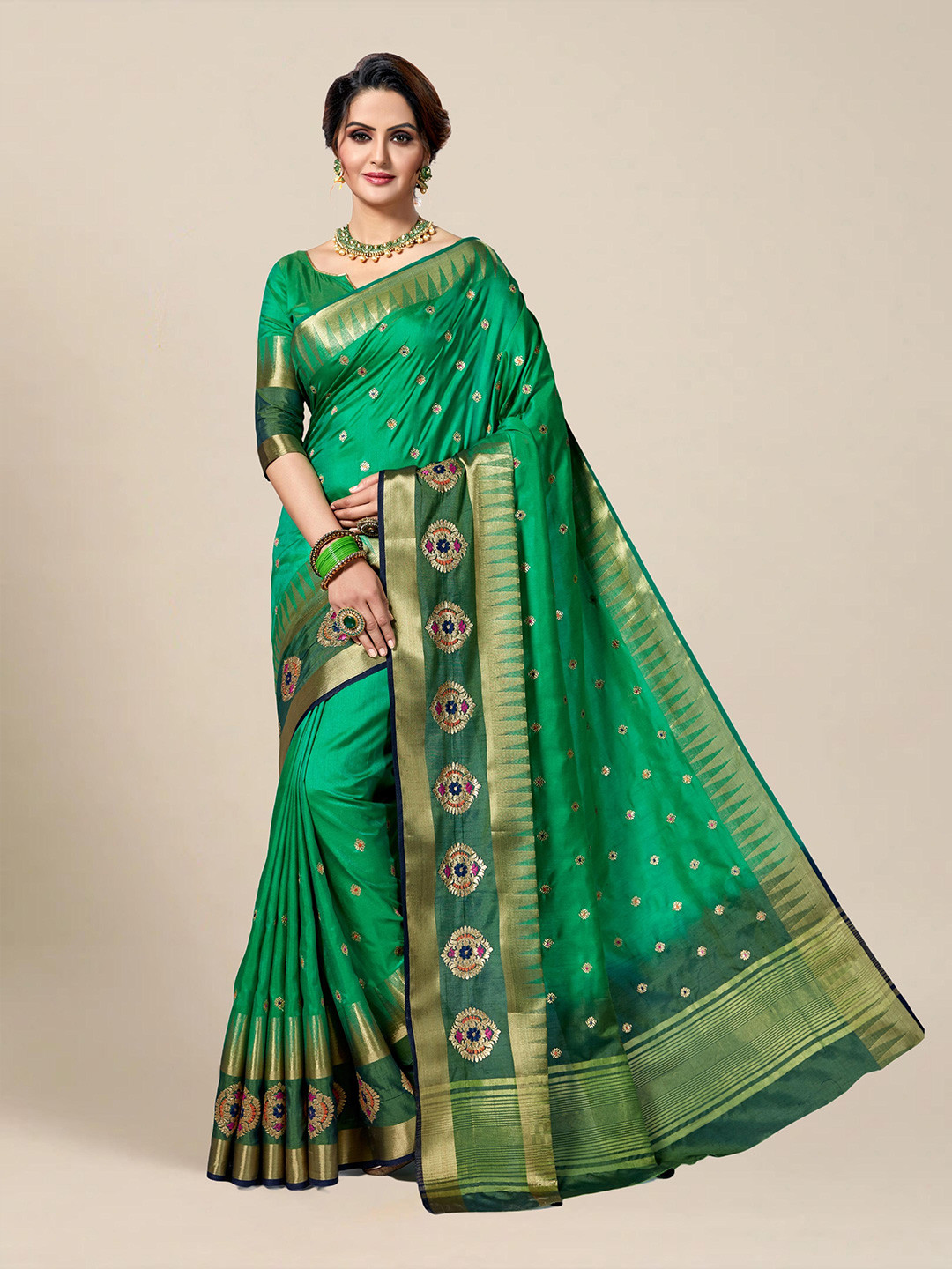

MS RETAIL Fluorescent Green & Pink Woven Design Art Silk Saree