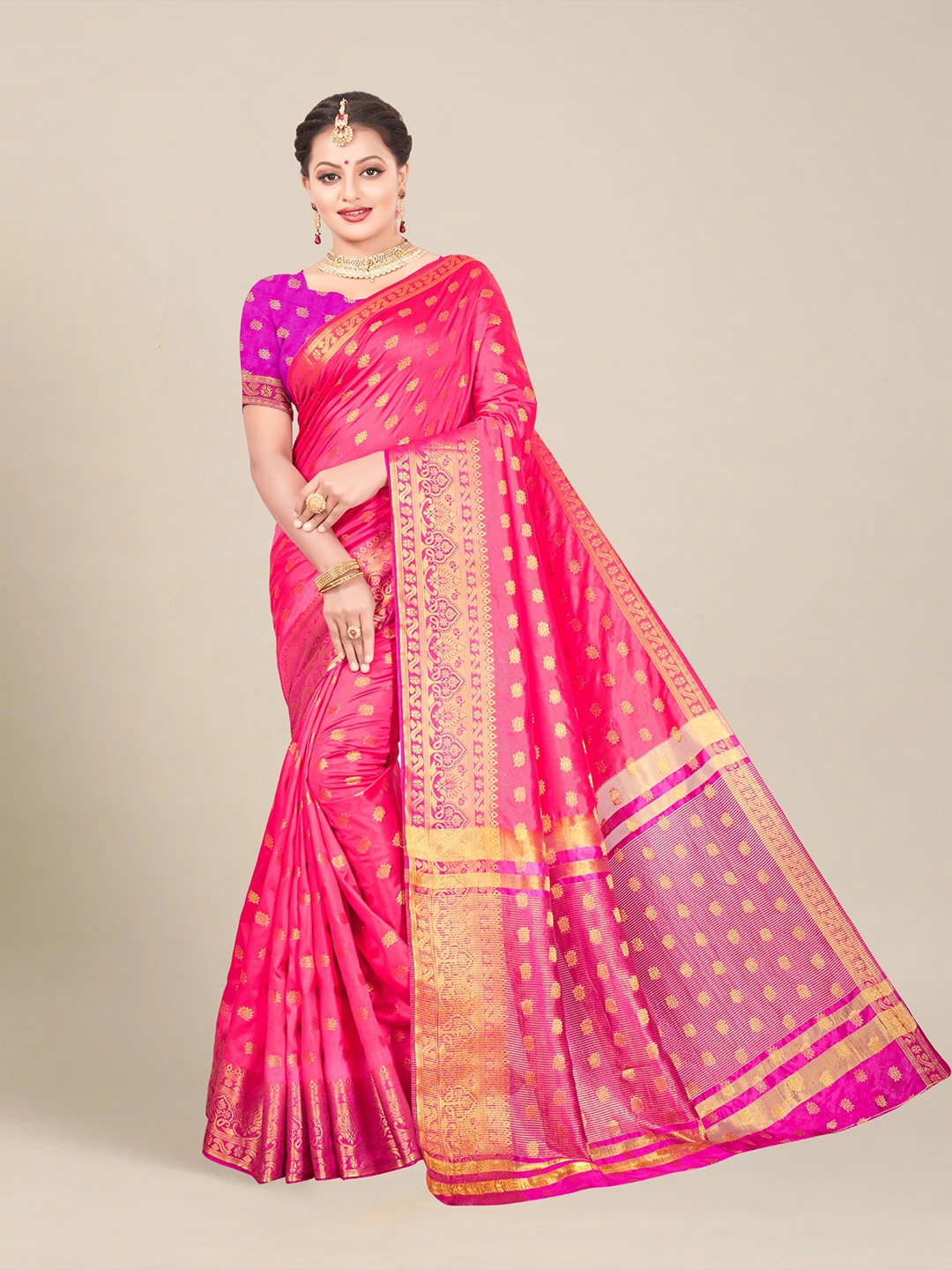 

MS RETAIL Pink & Gold-Toned Woven Design Art Silk Banarasi Saree
