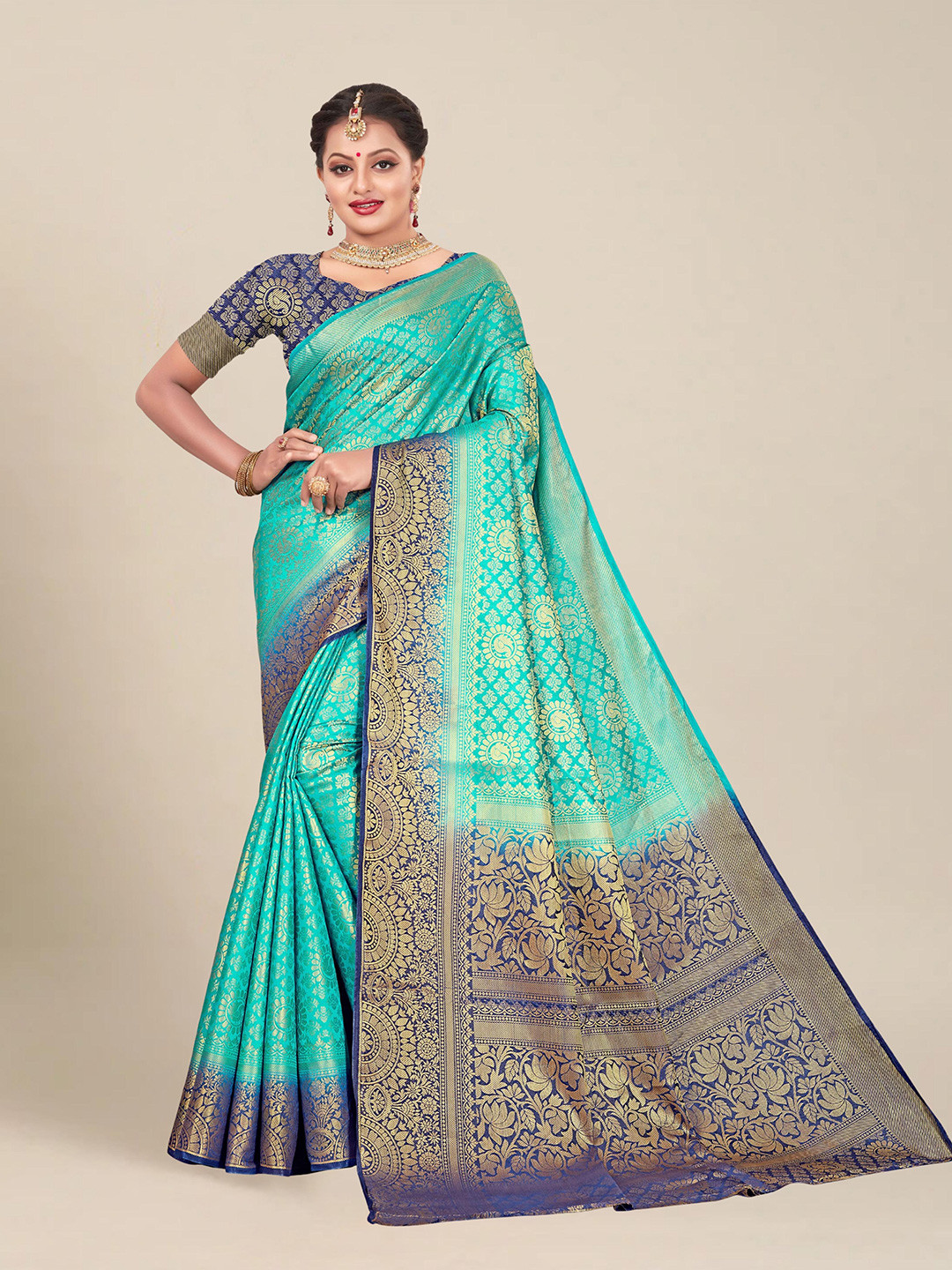 

MS RETAIL Turquoise Blue & Gold-Toned Woven Design Art Silk Banarasi Saree