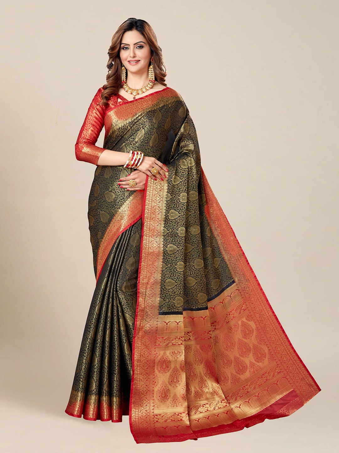 

MS RETAIL Black & Red Woven Design Banarasi Saree