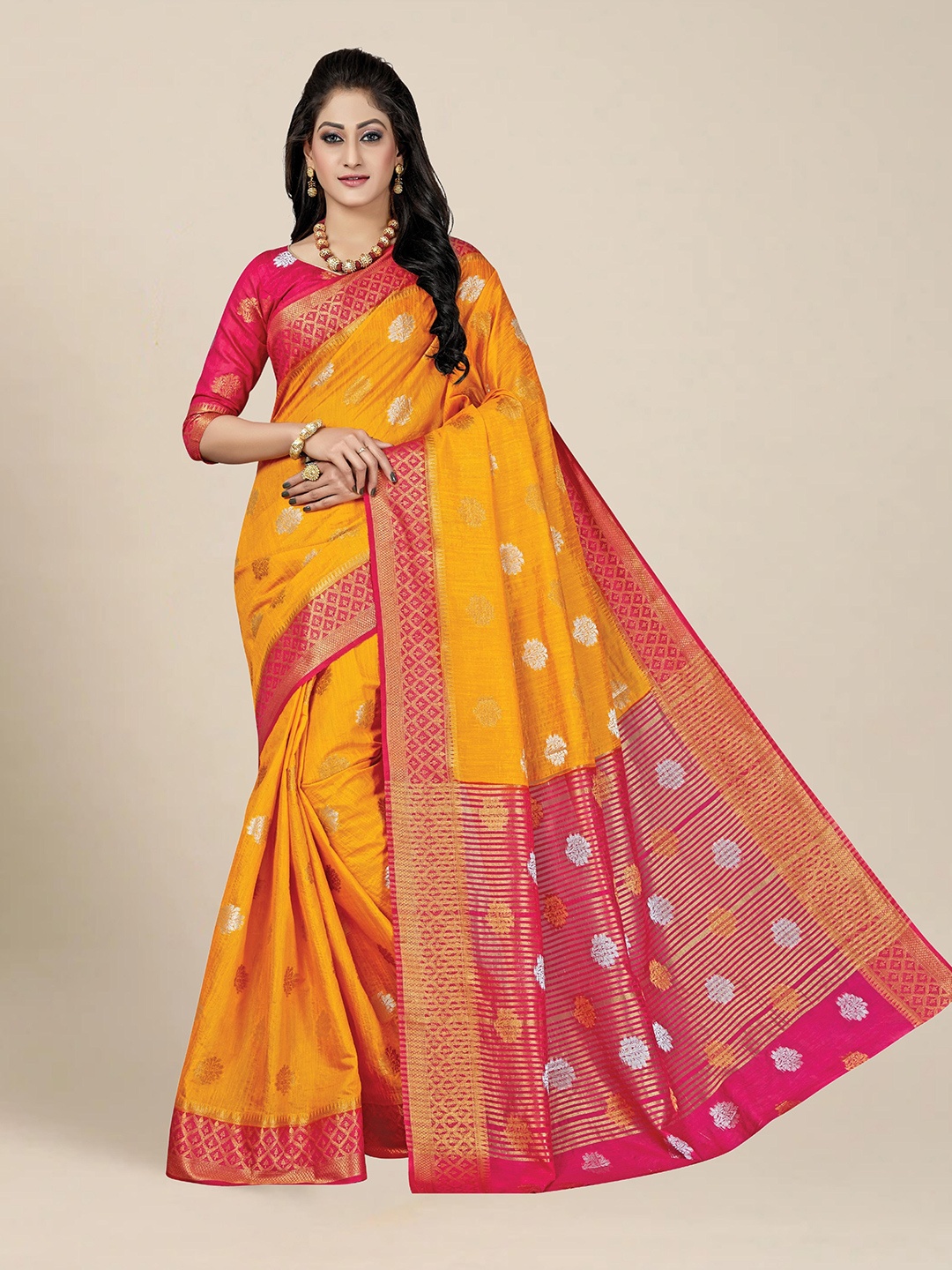 

MS RETAIL Yellow & Pink Woven Design Zari Silk Blend Kanjeevaram Saree