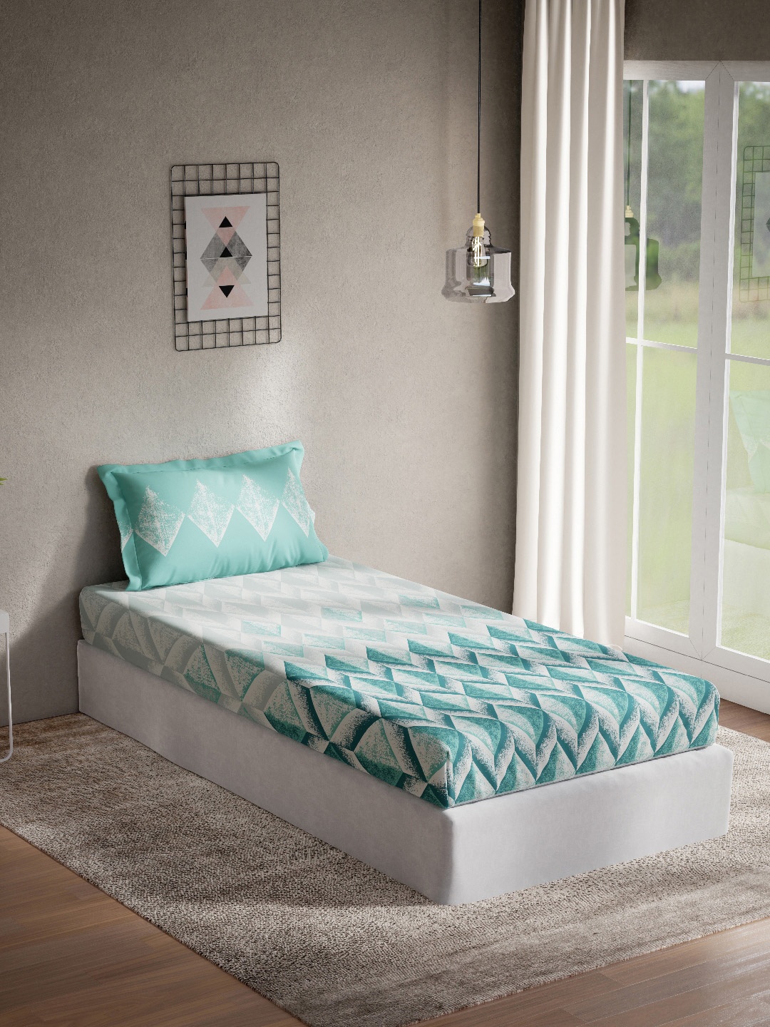 

DDecor Turquoise Blue & White Geometric Cotton 144 TC Single Bedsheet with 1 Pillow Covers