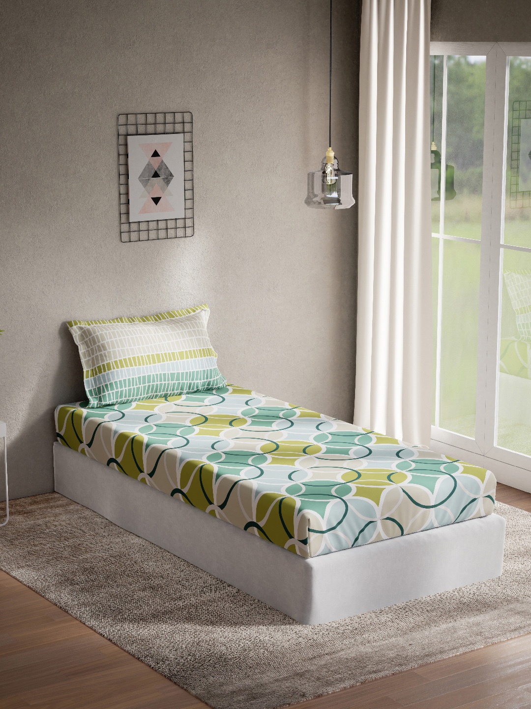 

DDecor Green & White Geometric Cotton 144 TC Single Bedsheet with 1 Pillow Covers