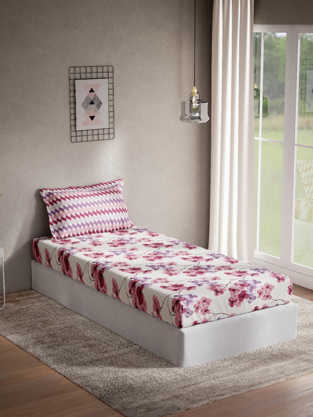 DDecor Pink & White Floral Cotton 144 TC Single Bedsheet with 1 Pillow Covers