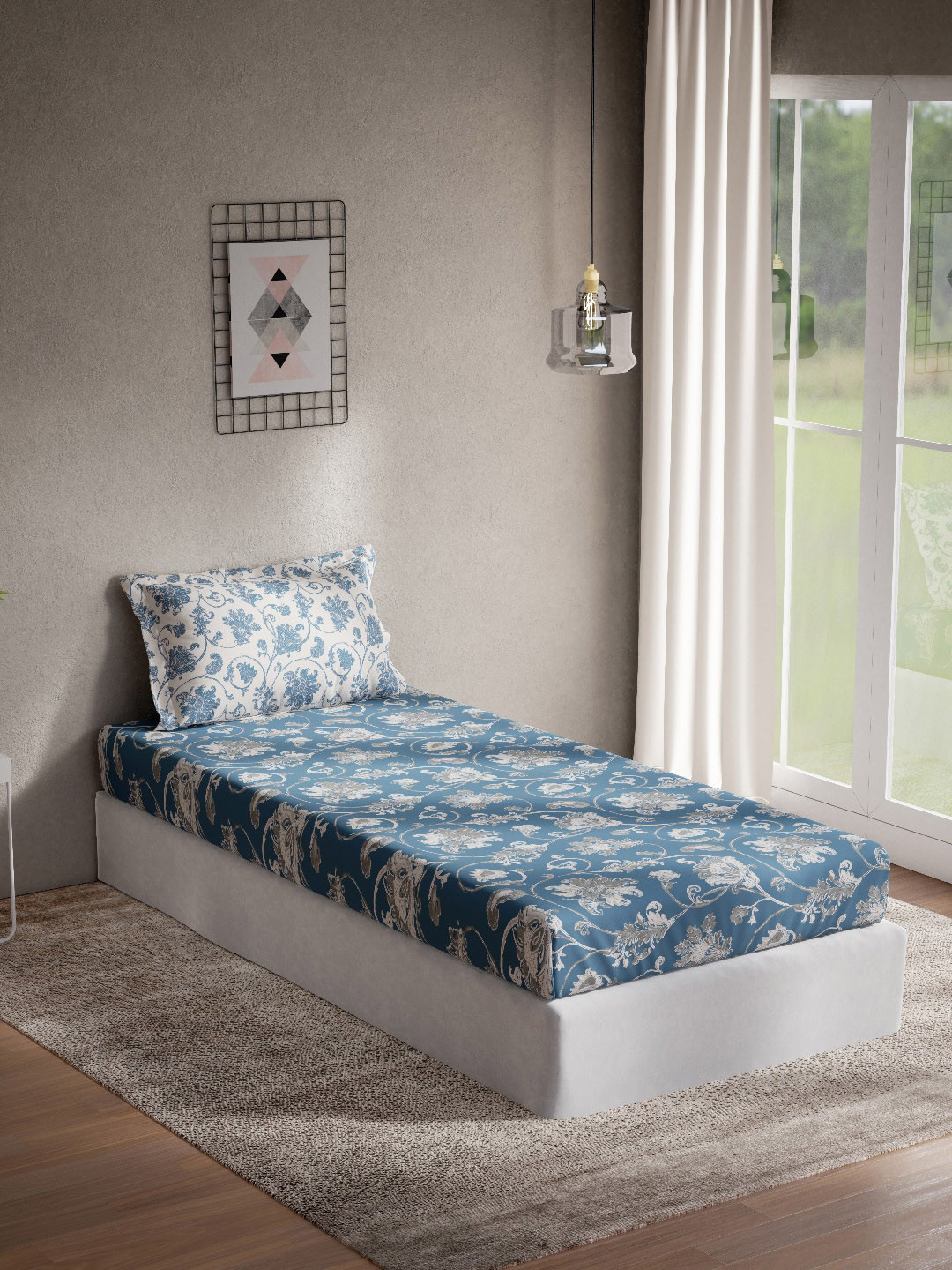 

DDecor Blue & White Floral Cotton 144 TC Single Bedsheet with 1 Pillow Covers