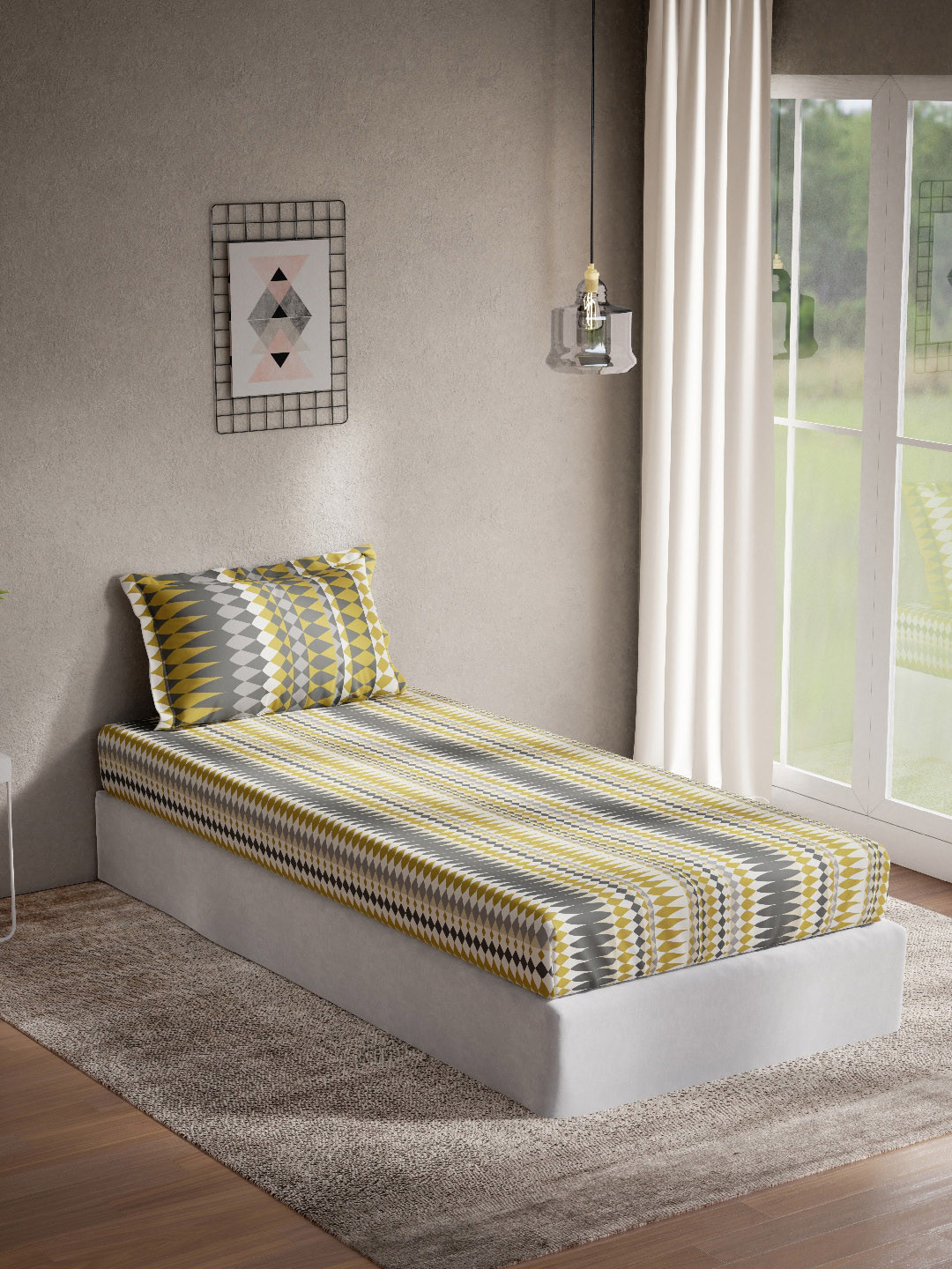 

DDecor Grey & Yellow Geometric Cotton 144 TC Single Bedsheet with 1 Pillow Covers