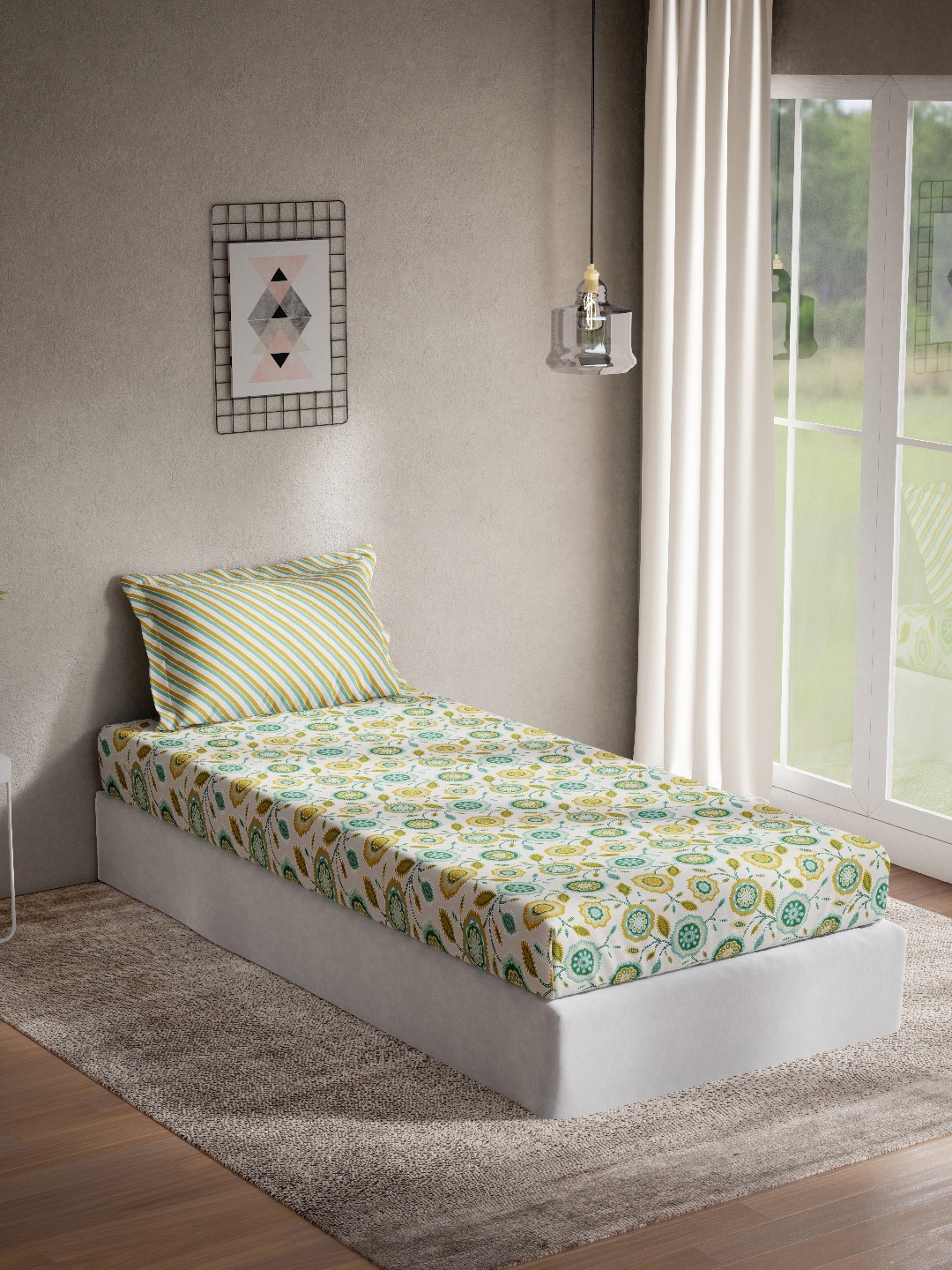 

DDecor Green & Yellow Floral 144 TC Single Bedsheet with 1 Pillow Covers