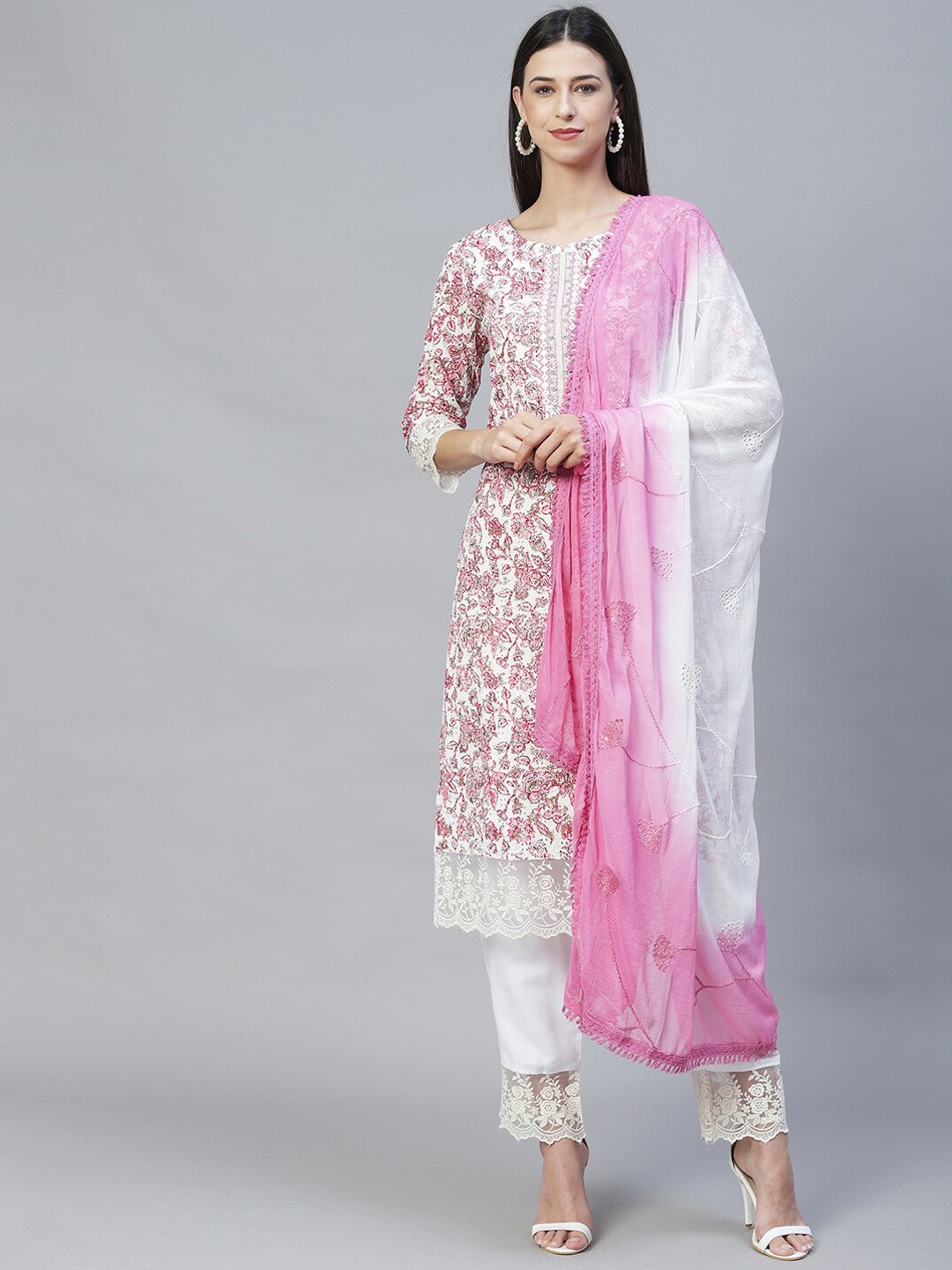 FASHOR Women Floral Printed Mirror Work Pure Cotton Kurta with Trousers & Dupatta, Pink