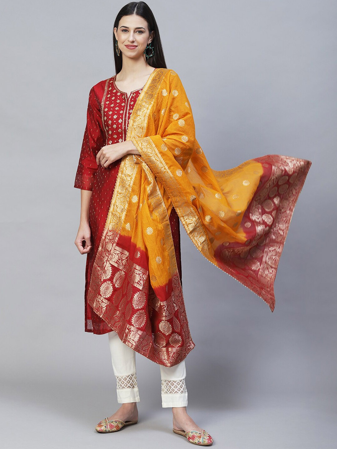 

FASHOR Women Maroon & Yellow Ethnic Motifs Embroidered Chanderi Silk Kurta With Dupatta