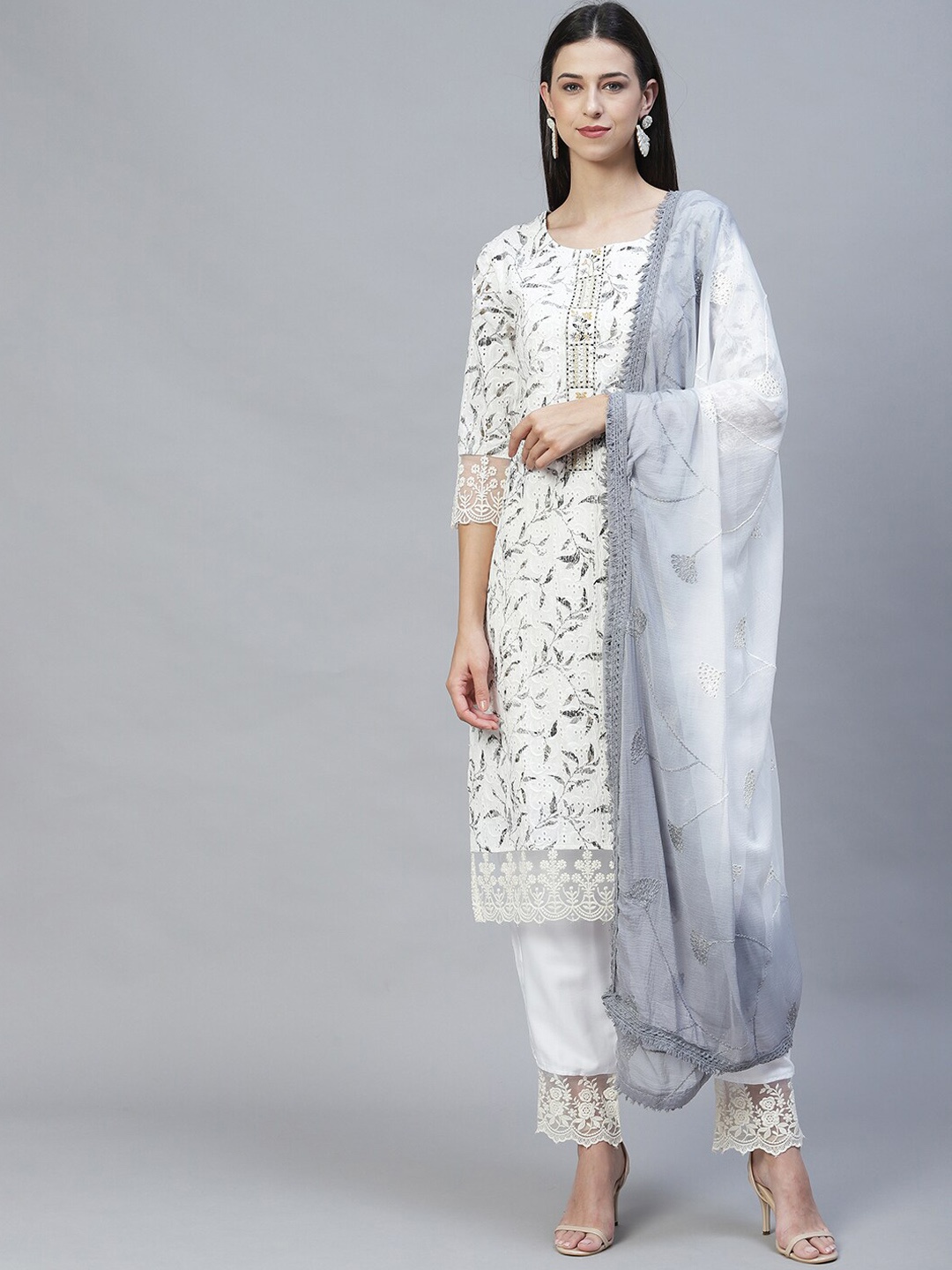

FASHOR Women Off White Floral Mirror Work Pure Cotton Kurta with Trousers & Dupatta