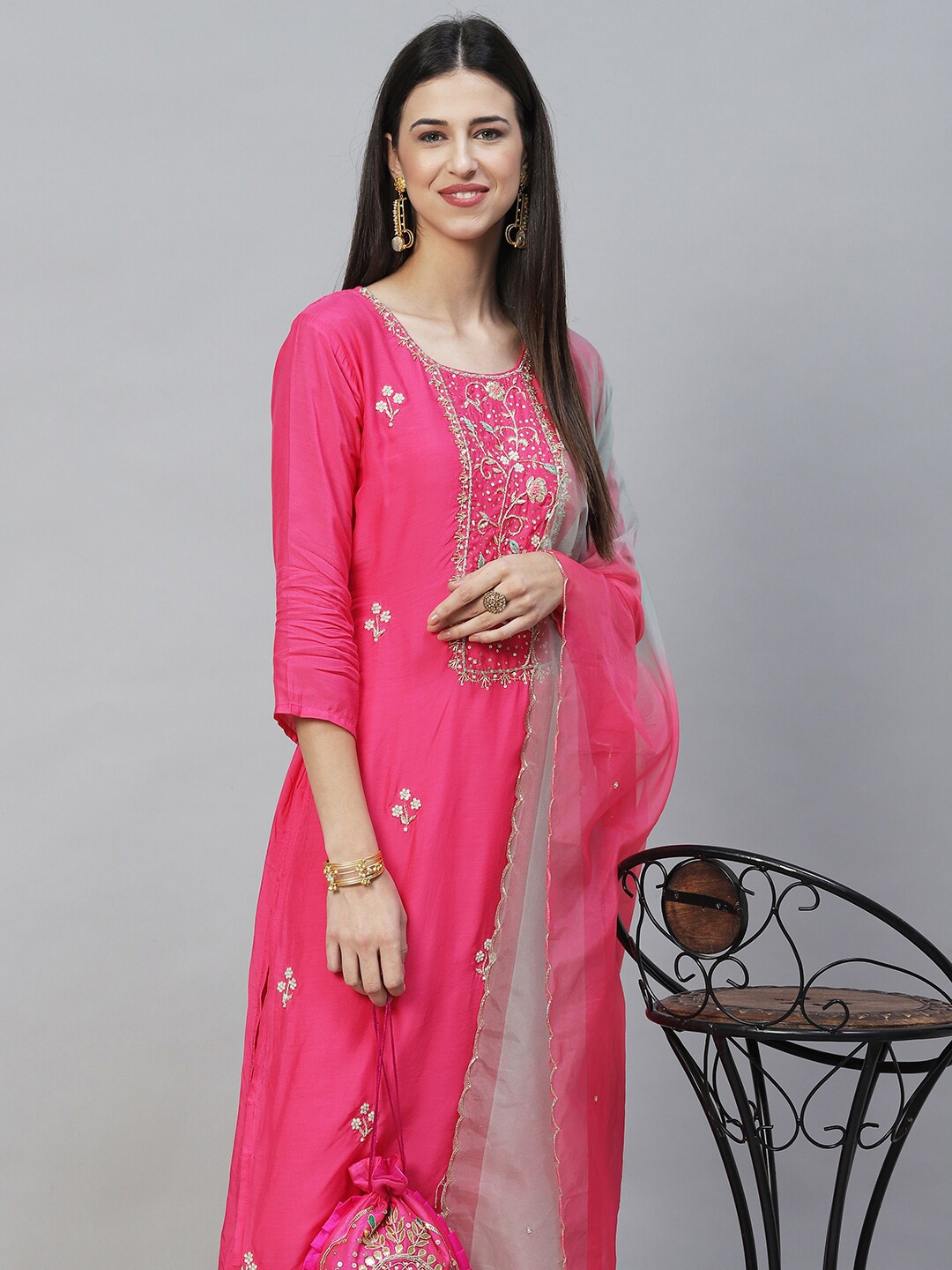 

FASHOR Women Pink Thread Work Kurta with Pyjamas & Dupatta