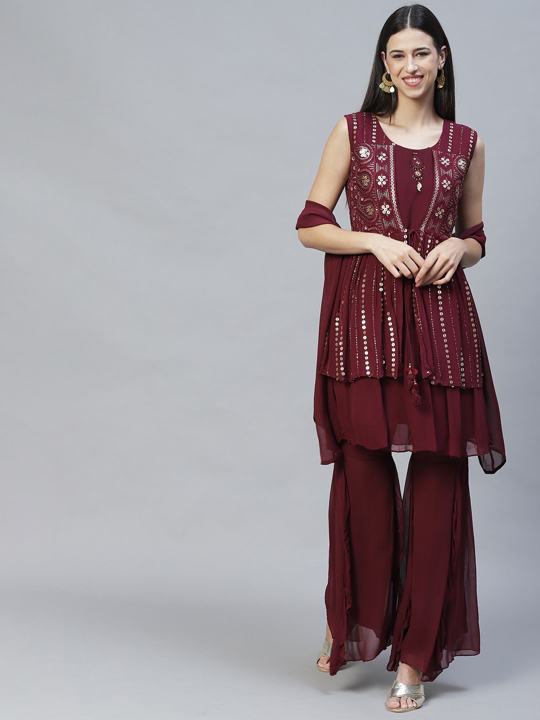 

FASHOR Women Purple Layered Sequinned Kurta with Sharara