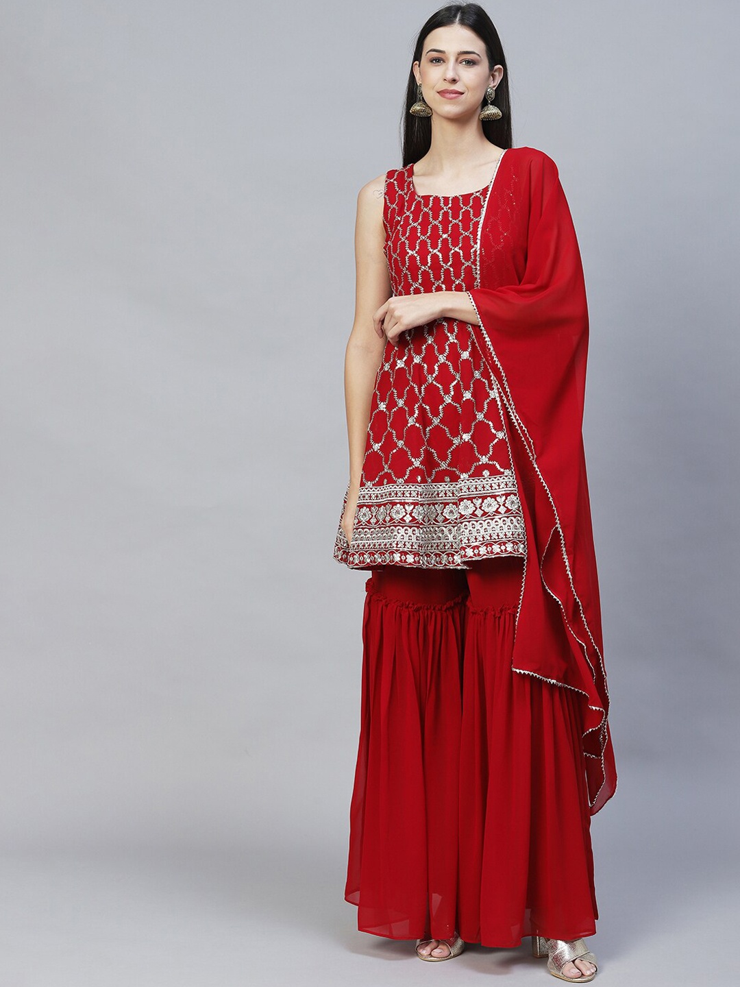 

FASHOR Women Ethnic Motifs Printed Kurti With Sharara, Maroon