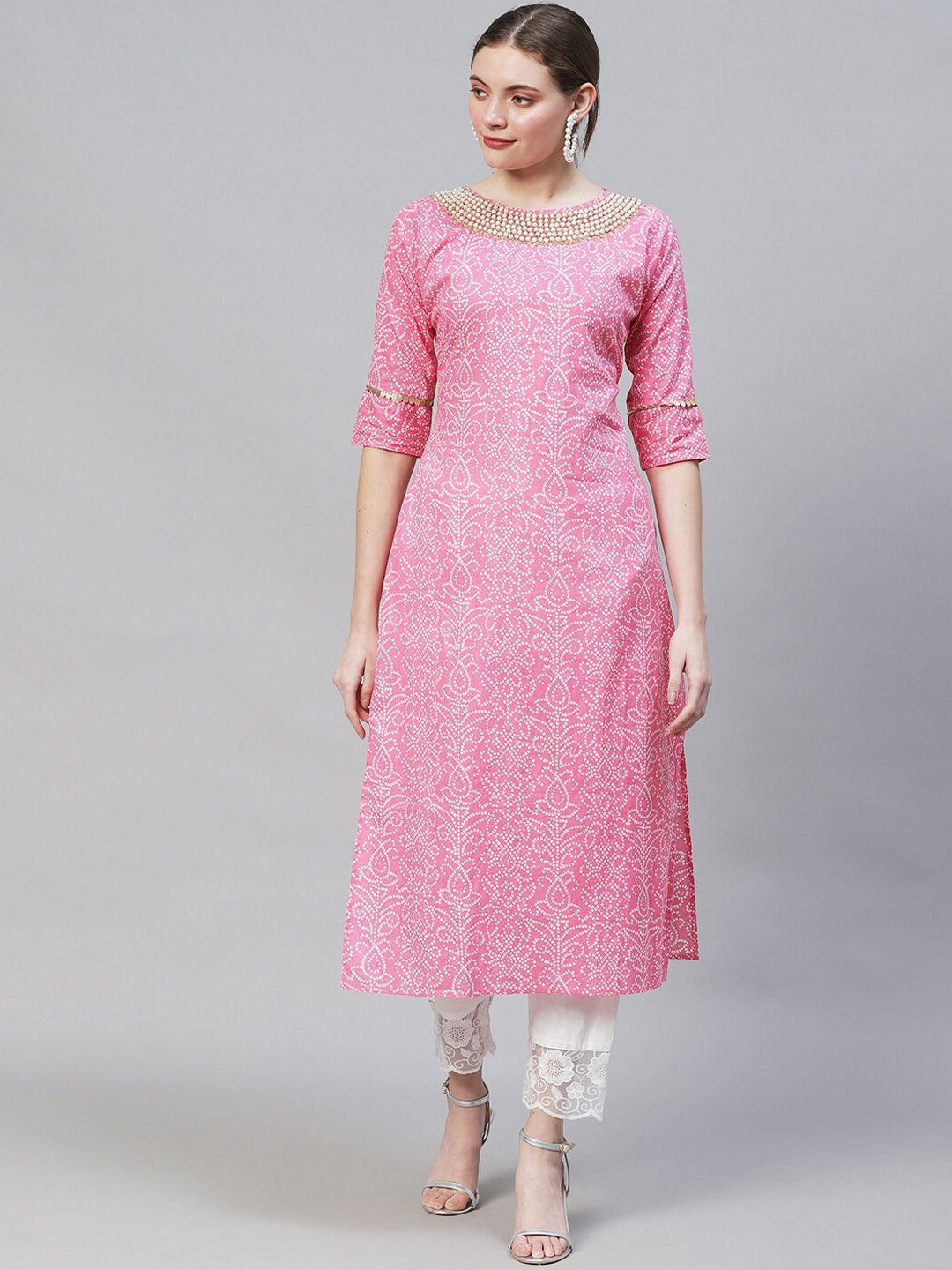 

FASHOR Women Pink Bandhani Printed Thread Work Kurta