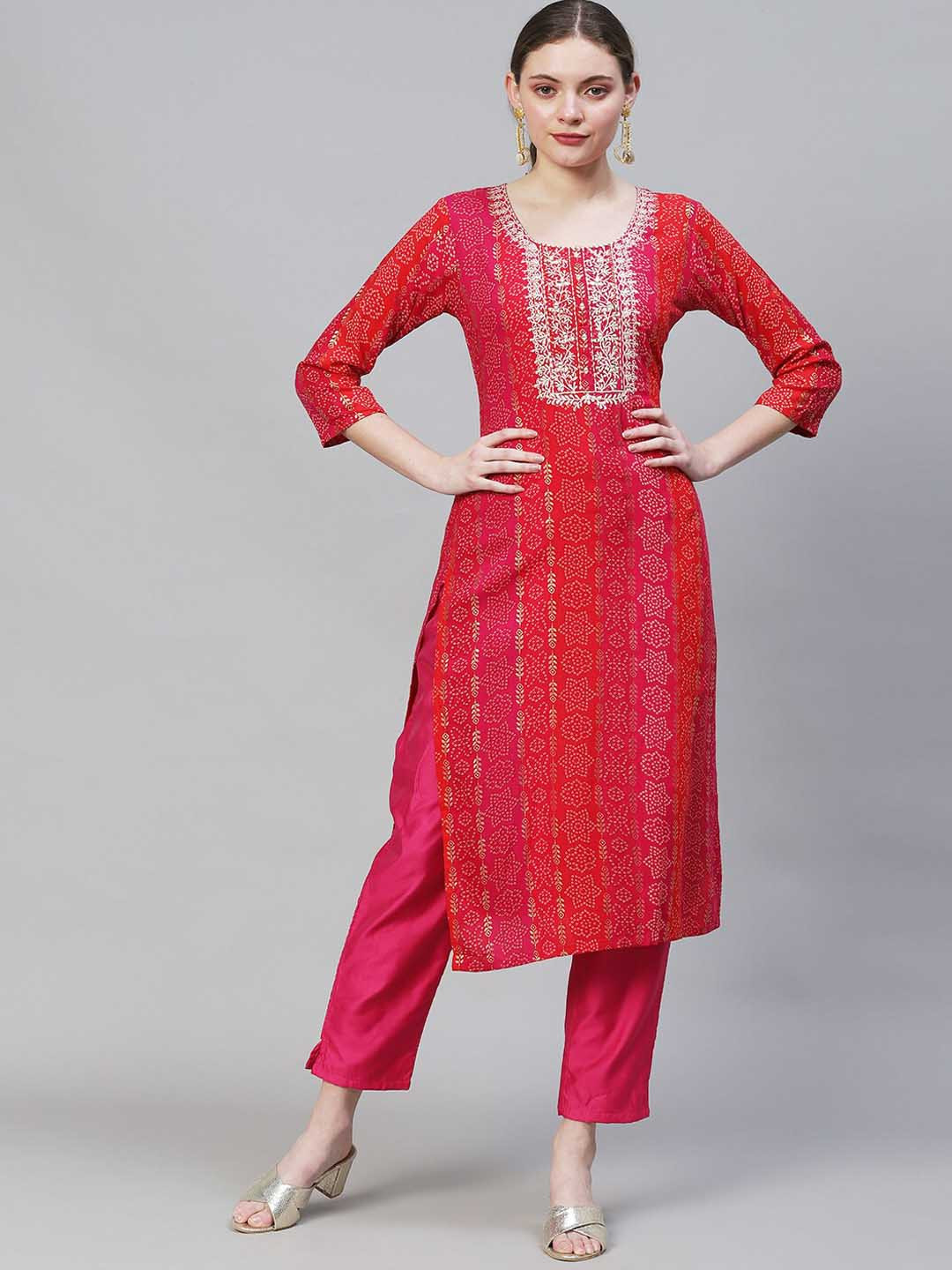 

FASHOR Women Red And Pink Bandhani Foil Print Embroidered Yoke Design Straight Fit Kurta