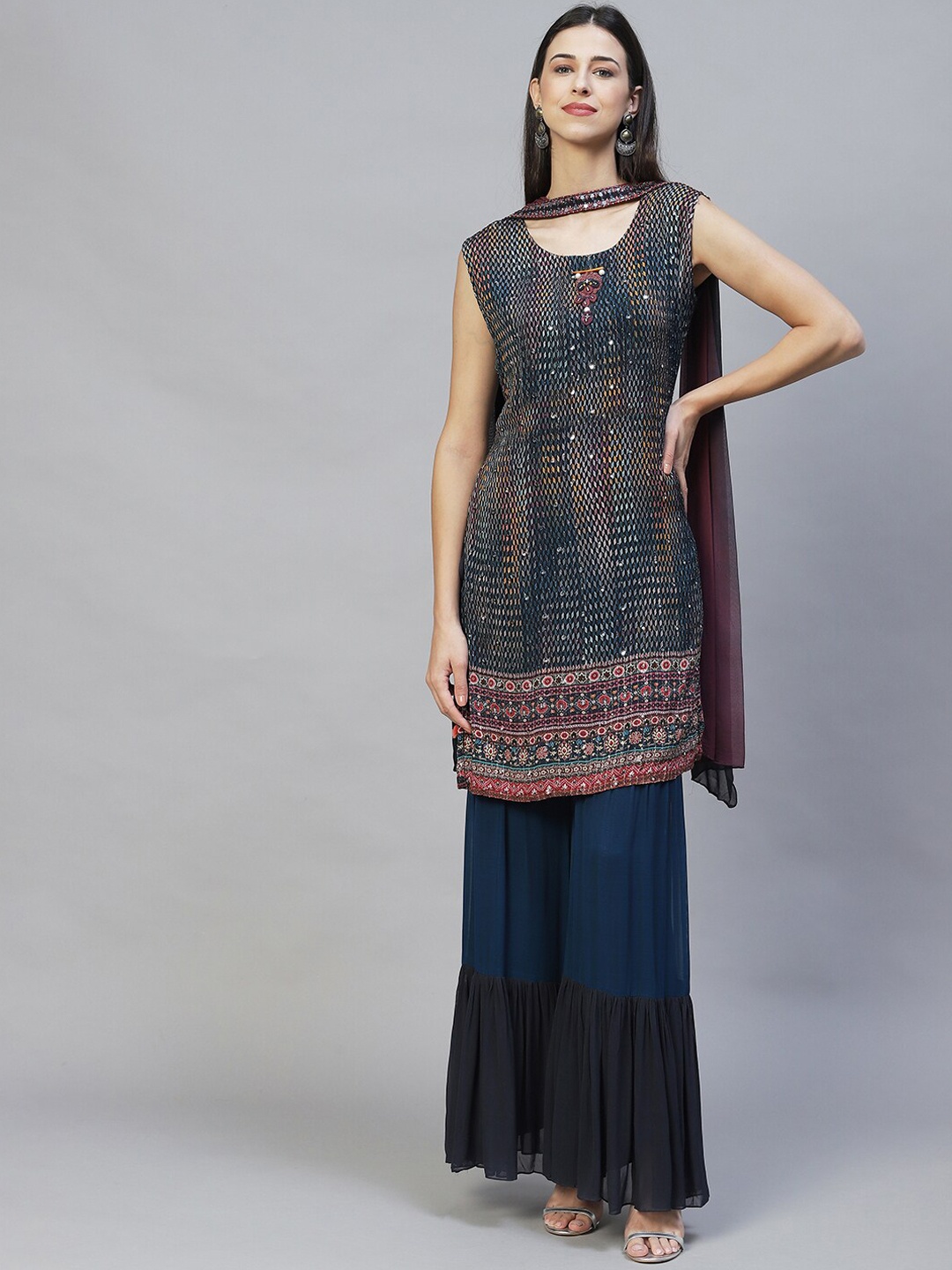 

FASHOR Women Embroidered Mirror Work Silk Chiffon Kurta with Sharara & With Dupatta, Navy blue