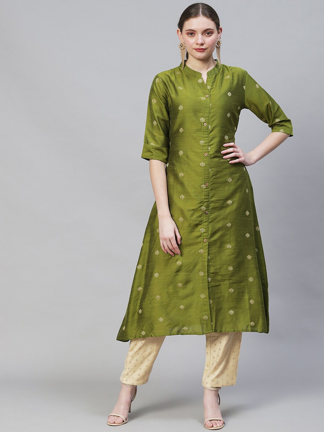 

FASHOR Women Green Ethnic Motifs Embellished Mirror Work Kurta