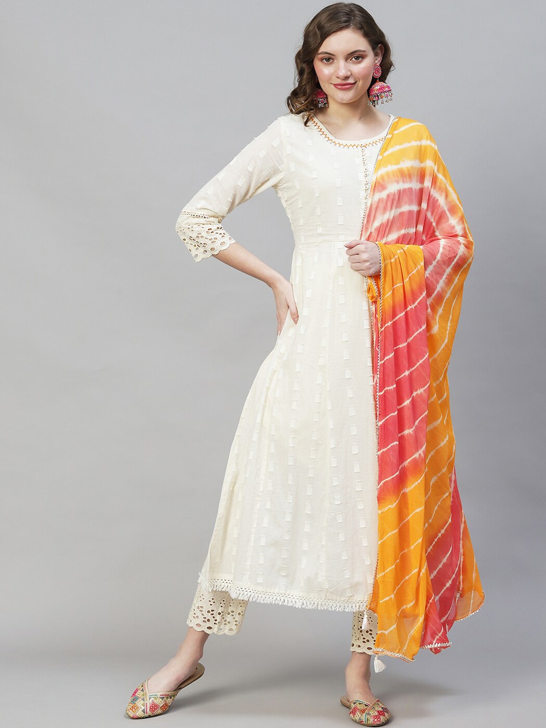 

FASHOR Women Off White Ethnic Motifs Empire Sequinned Pure Cotton Kurta with Trousers & With Dupatta