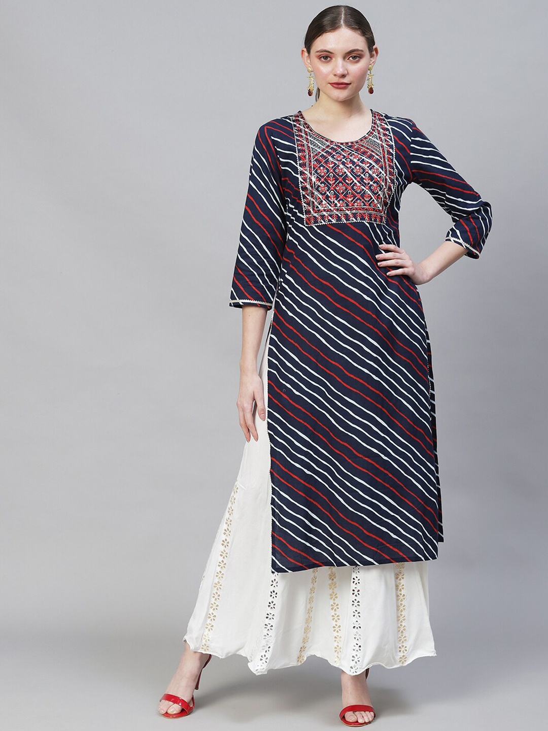 

FASHOR Women Blue & Red Yoke Design Mirror Work Pure Cotton Kurta