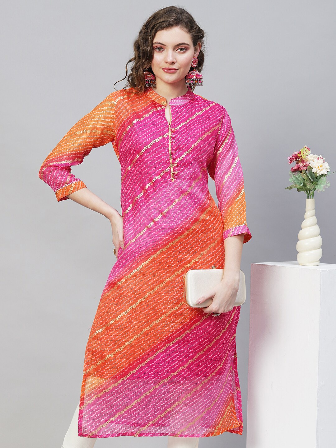 

FASHOR Women Pink & Orange Silk Bandhani Indie Prints Kurta