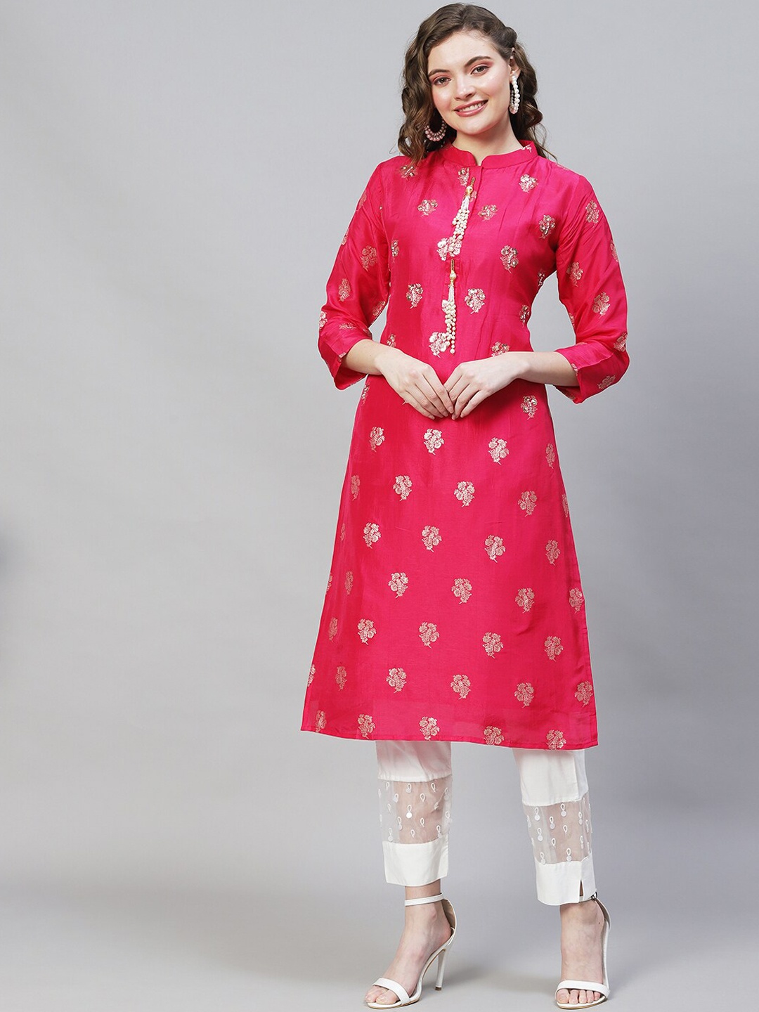 

FASHOR Women Pink Ethnic Motifs Printed Brocade Kurta
