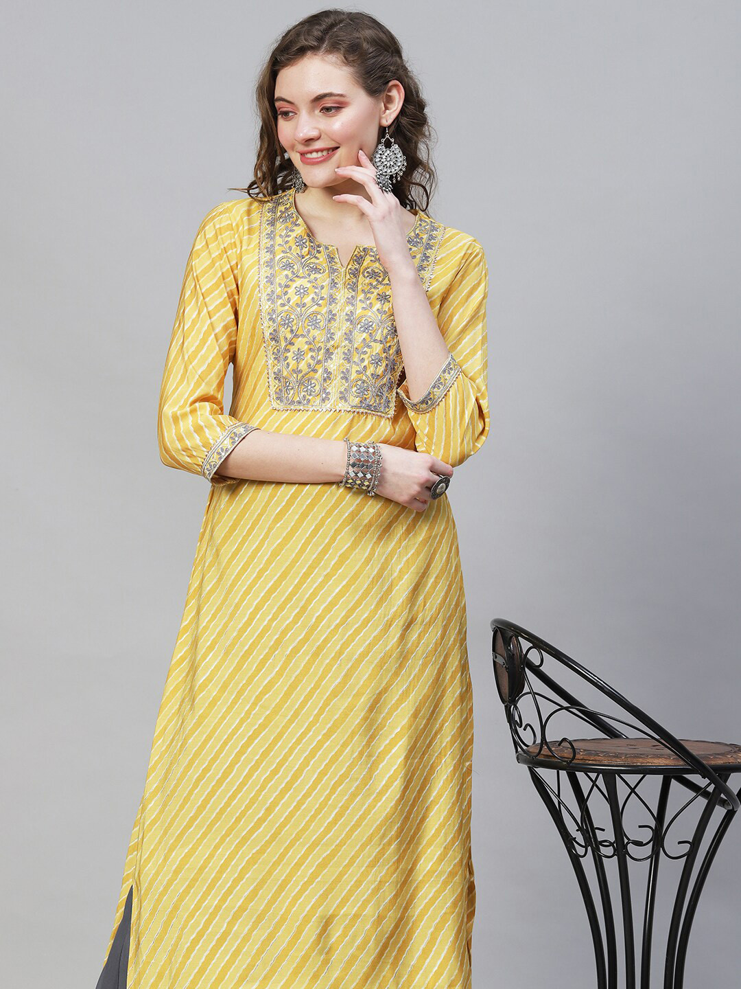 

FASHOR Women Yellow Leheriya Printed Thread Work Silk Kurta