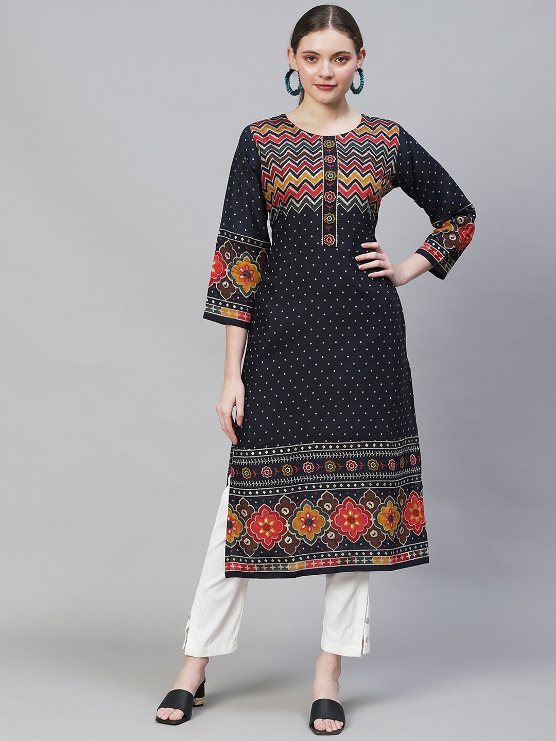 

FASHOR Women Navy Blue Ethnic Motifs Printed Silk Kurta