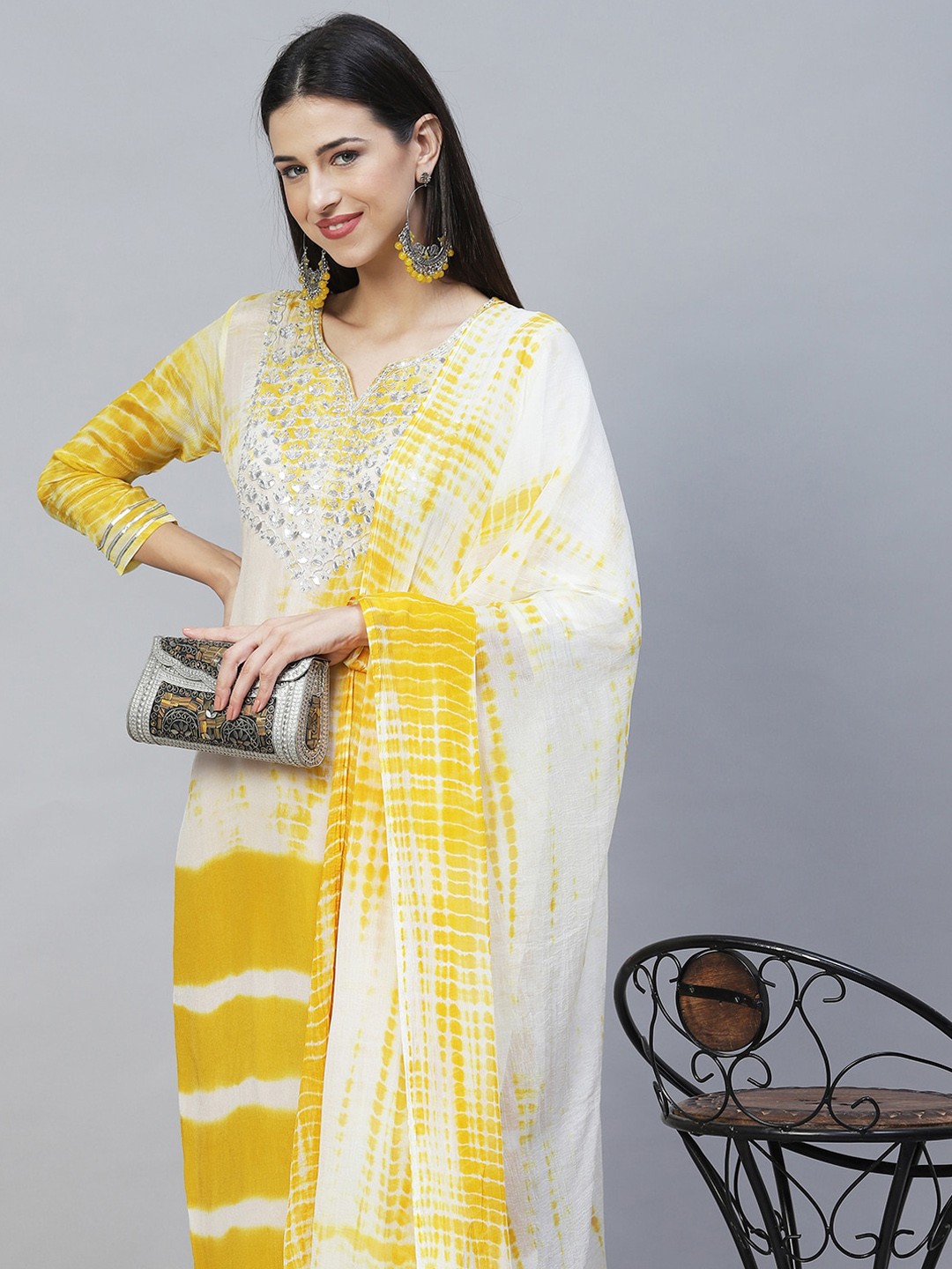 

FASHOR Women Multicoloured Printed Panelled Gotta Patti Silk Chiffon Kurta with Trousers & With Dupatta, Multi