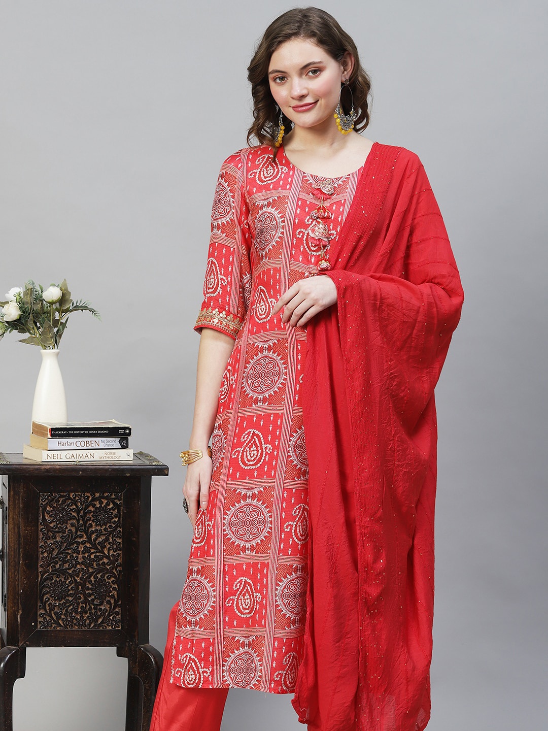 

FASHOR Women Red Ethnic Motifs Printed Chanderi Silk Kurta with Trousers & Dupatta