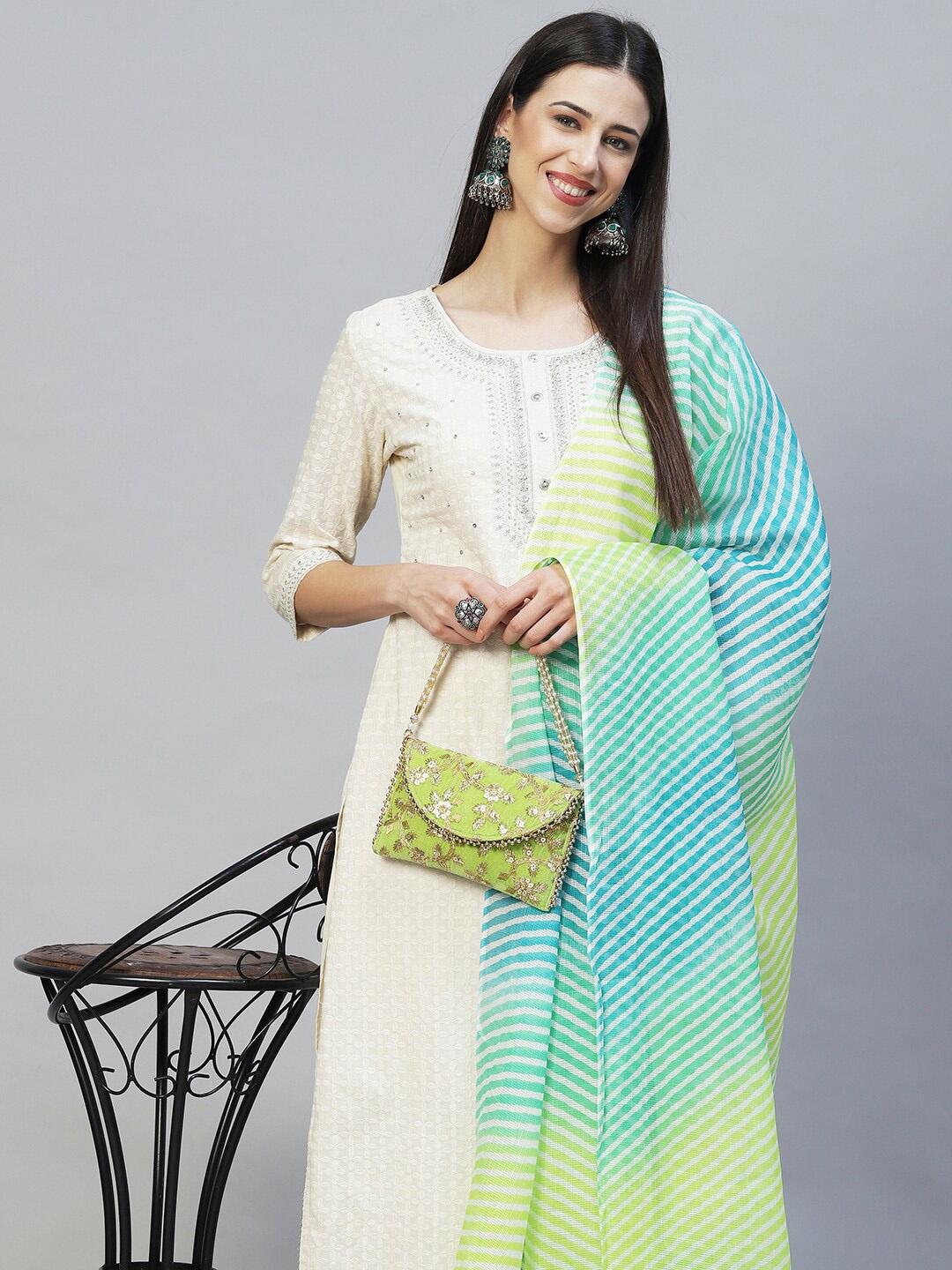 

FASHOR Women Embroidered Pure Cotton Kurta with Trousers & Dupatta, Off white