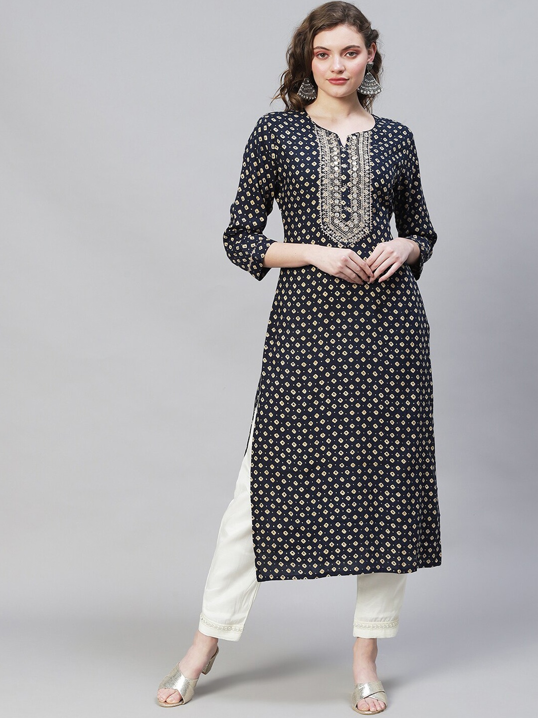

FASHOR Women Black Bandhani Printed Mirror Work Kurta