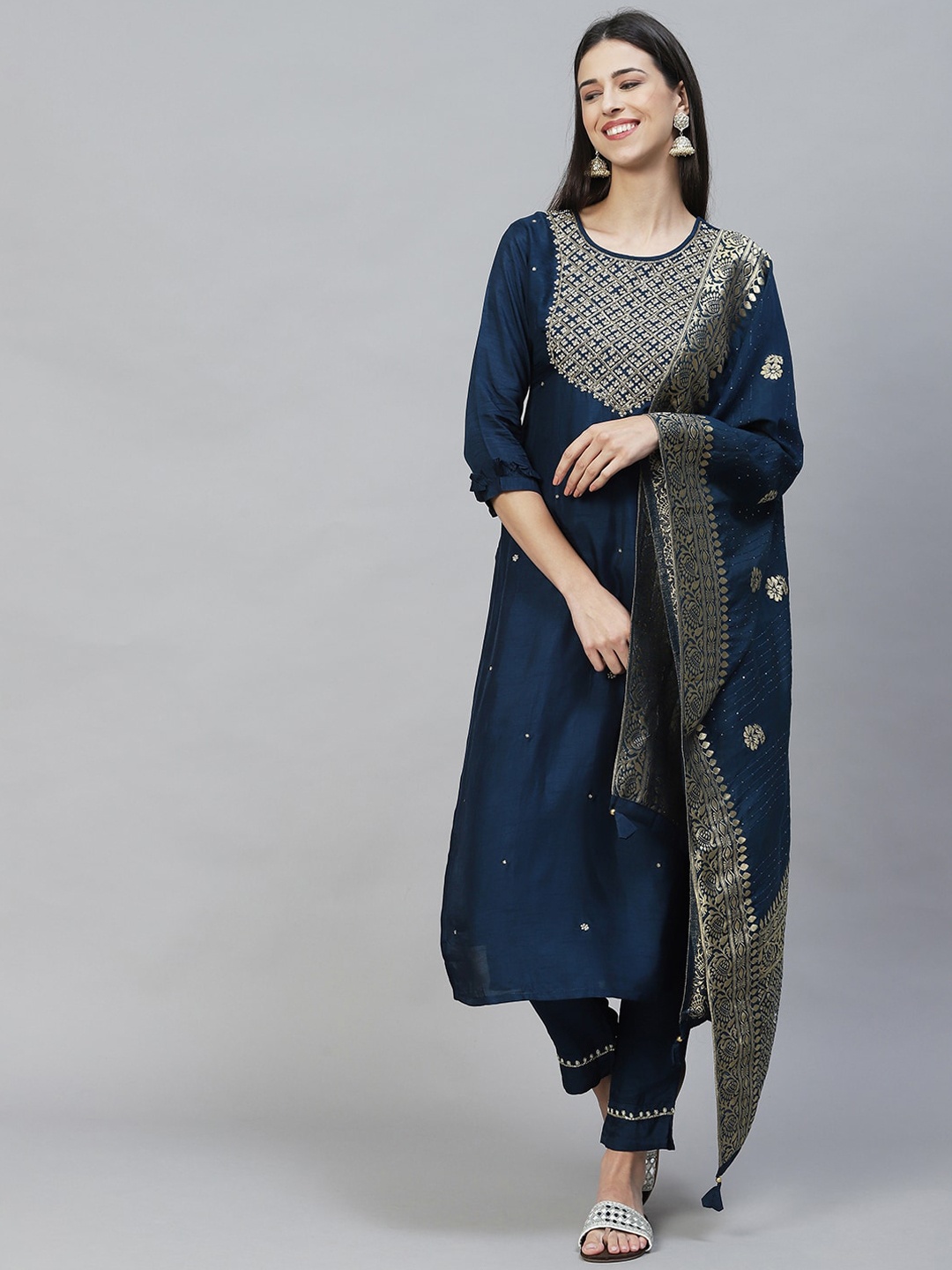 

FASHOR Women Embroidered Straight Yoke Design Kurta with Trousers & With Dupatta, Teal