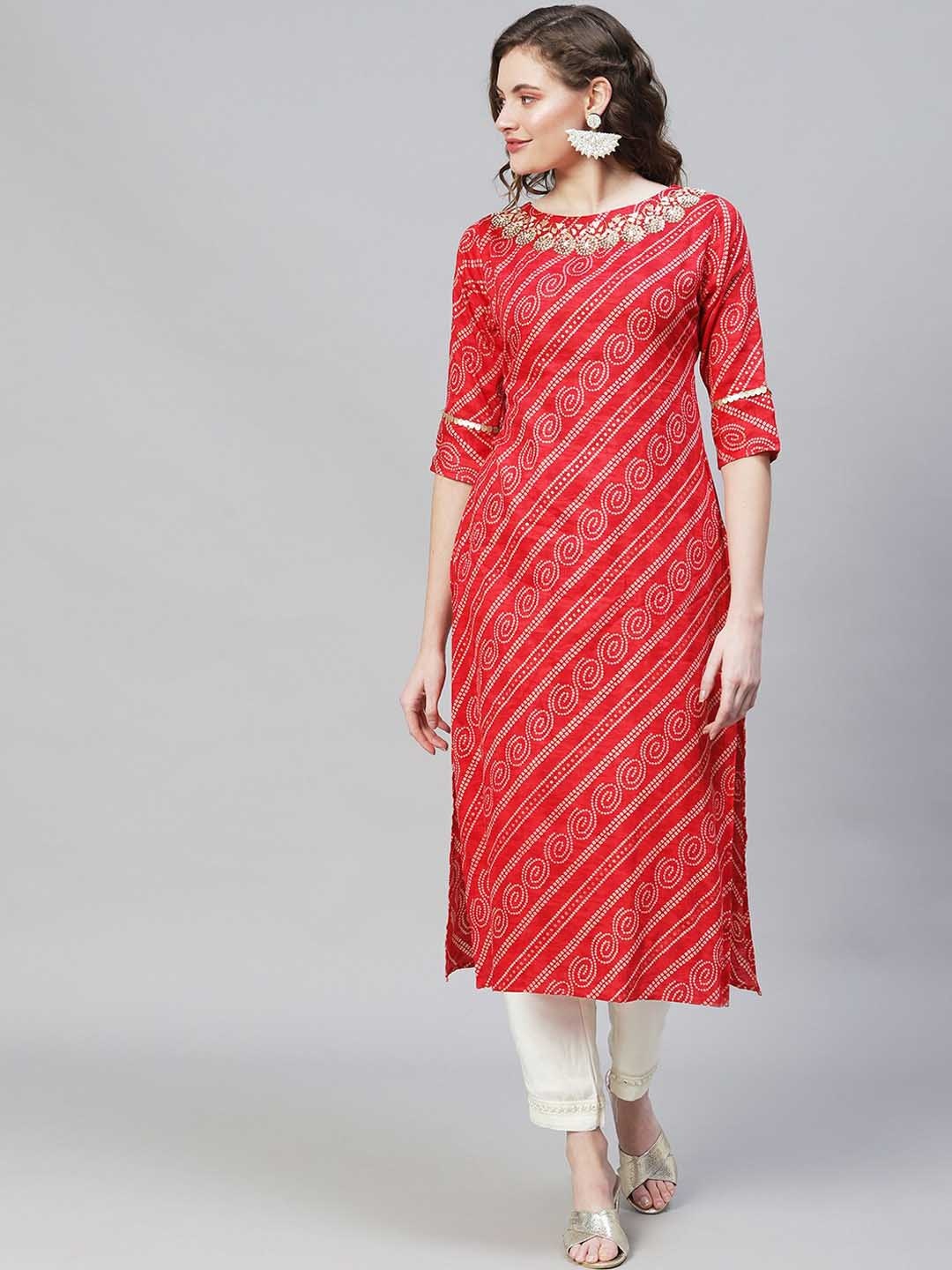 

FASHOR Women Red Bandhani Printed Gotta Patti Kurta