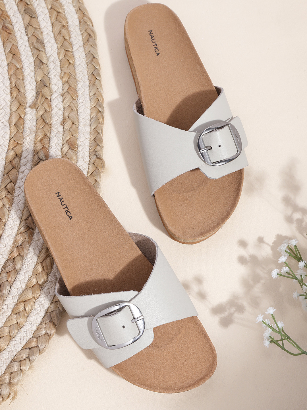 

Nautica Women Off White Solid Open Toe Flats with Buckle Detail