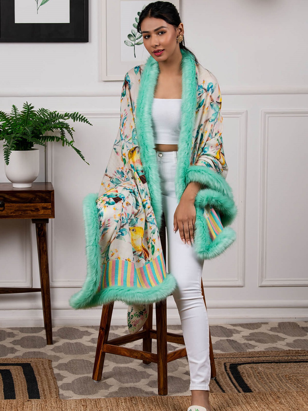 

Rhe-Ana Women Printed Stole, Turquoise blue