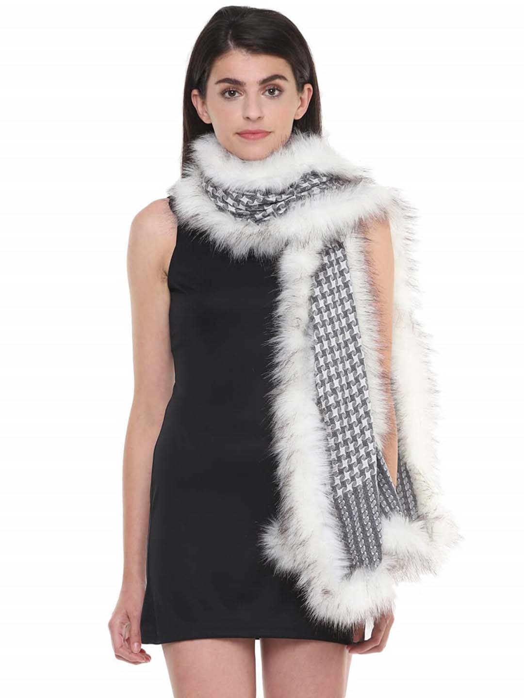 

Rhe-Ana Women Faux Fur Checked Print Stole, White