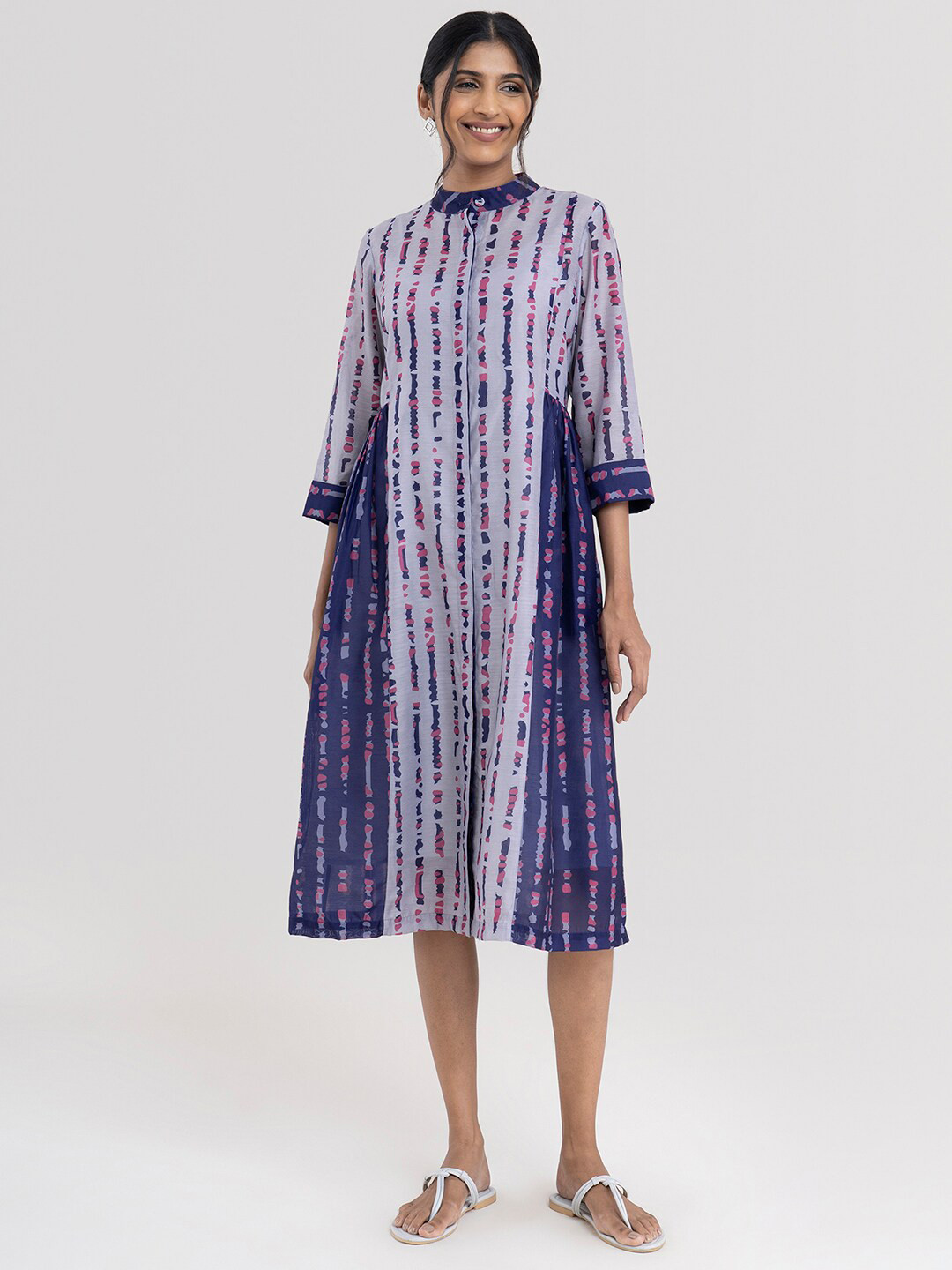 

Pink Fort Grey & Blue Gathered A-Line Midi Dress