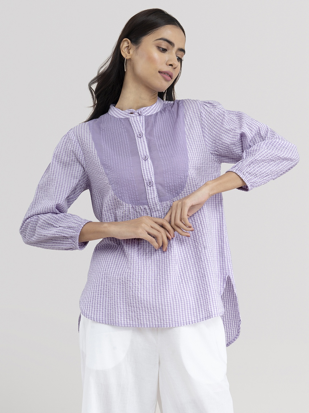 

Pink Fort Women White Striped Mandarin Collar Shirt Style Top