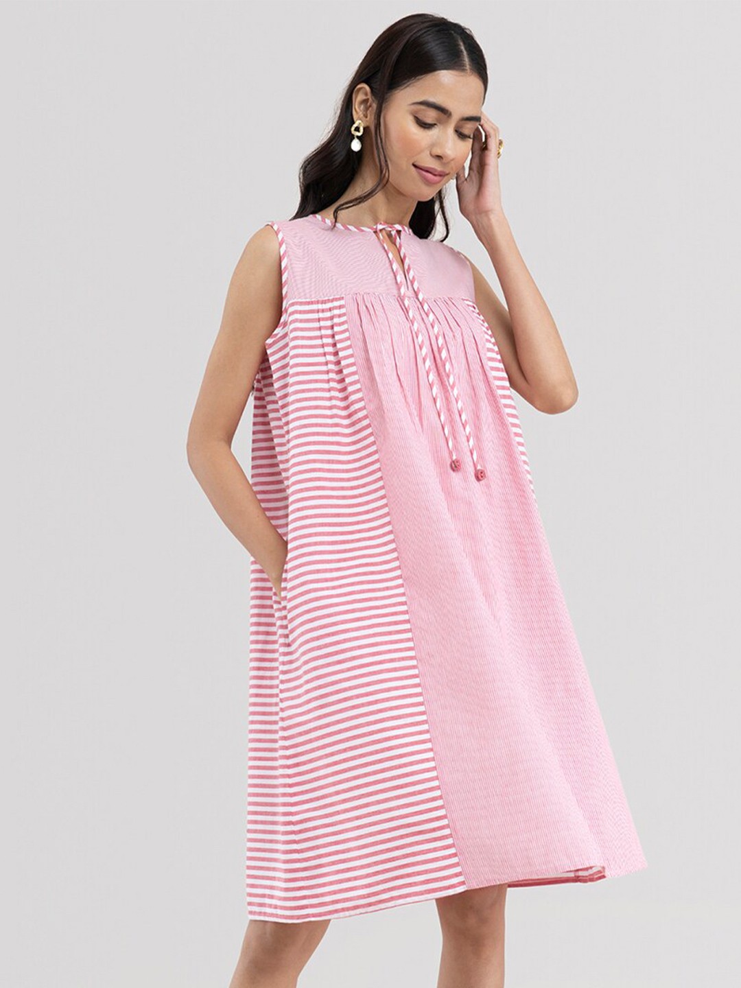

Pink Fort Pink & White Striped Tie-Up Neck A-Line Dress