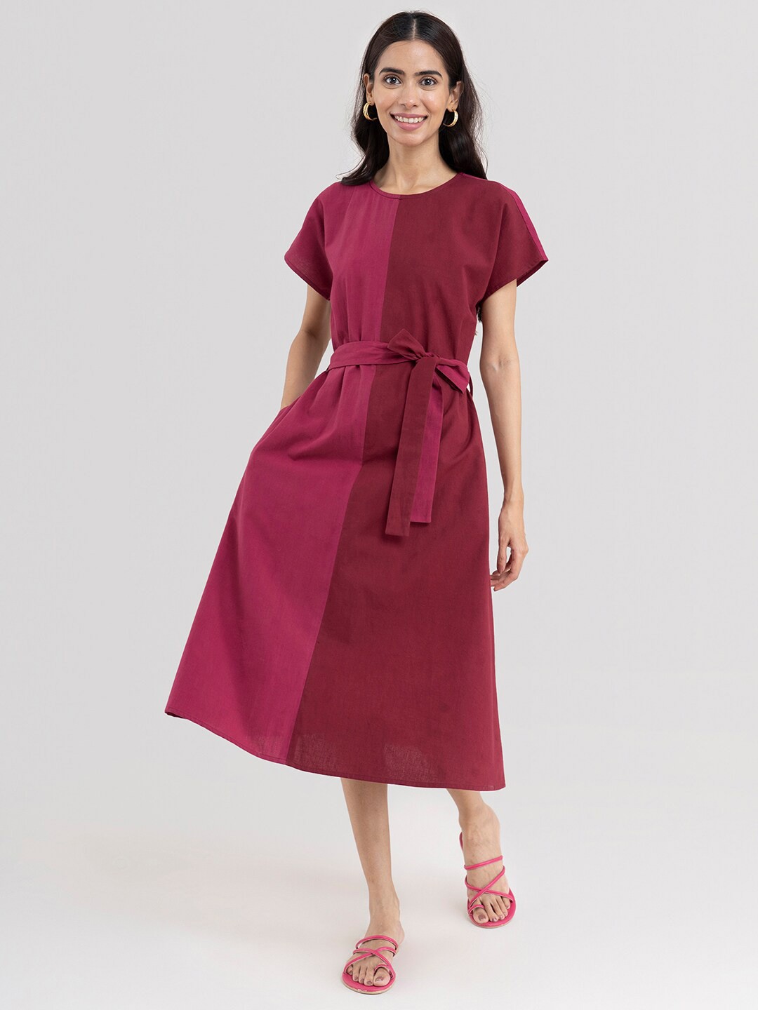 

Pink Fort Maroon & Pink Colourblocked A-Line Midi Dress